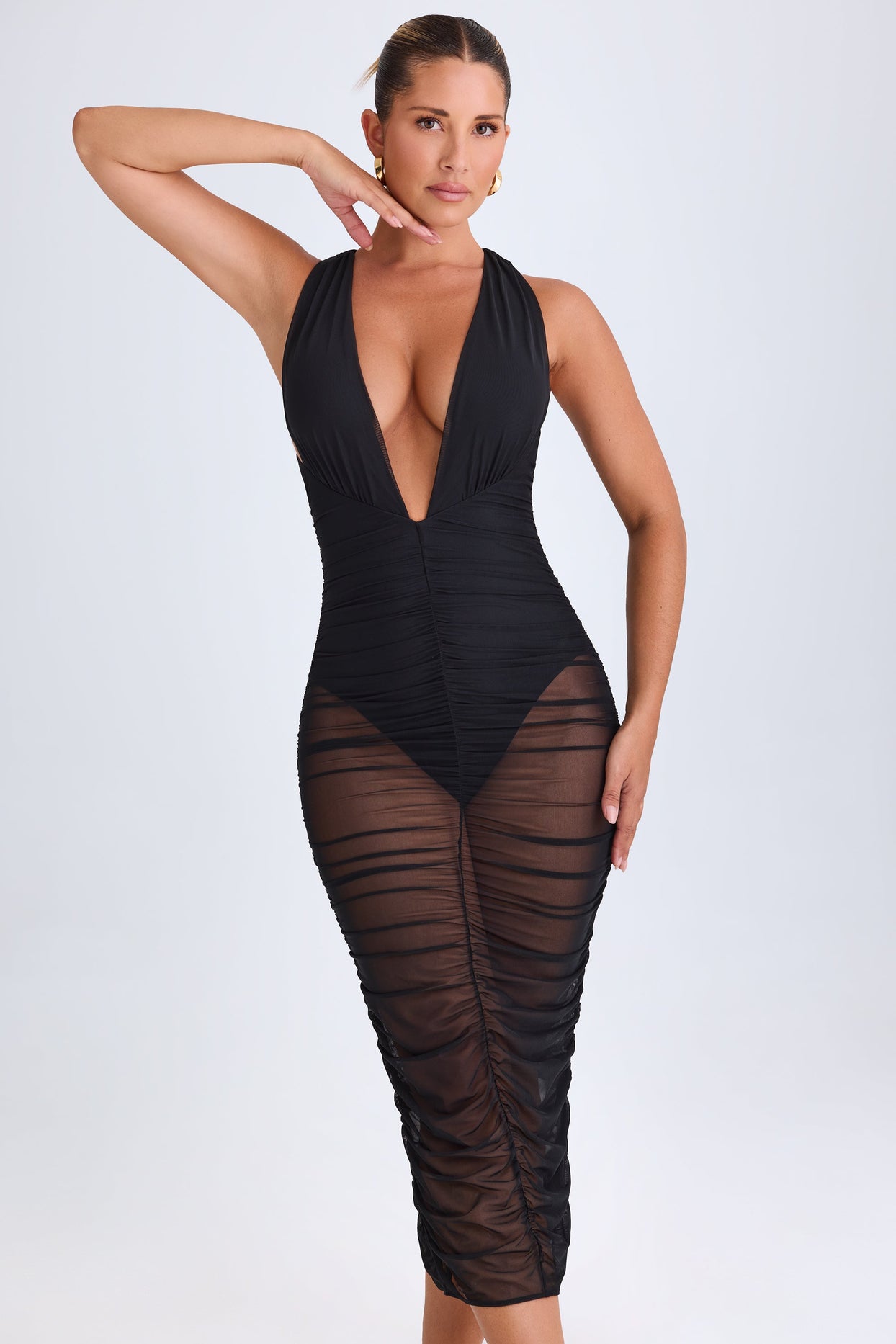 Ruched Plunge Midaxi Dress in Black