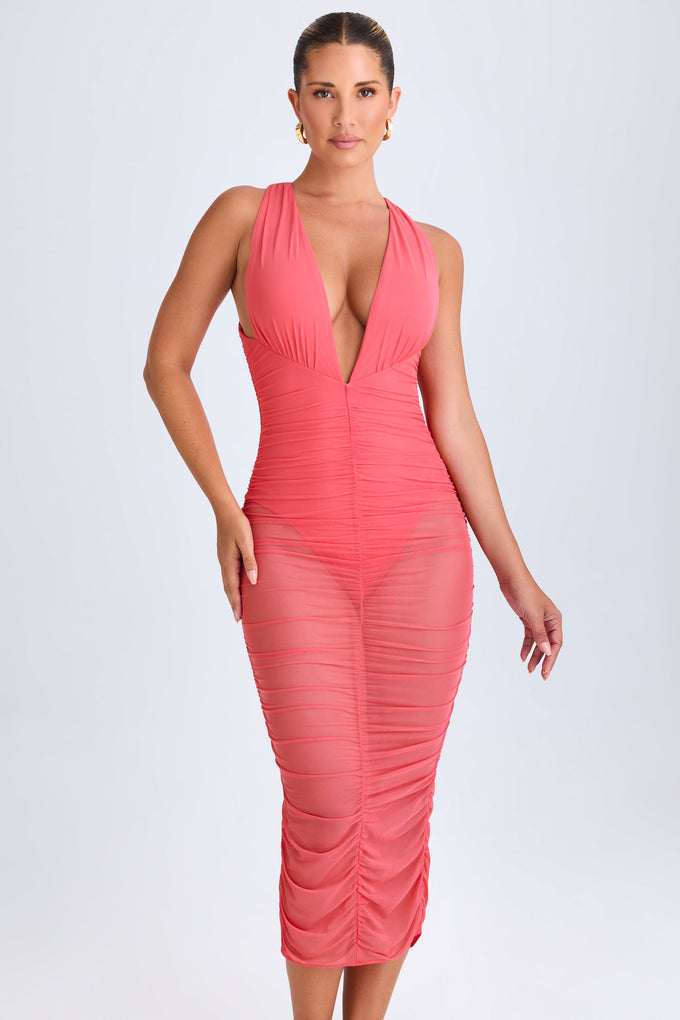 Ruched Plunge Midaxi Dress in Coral