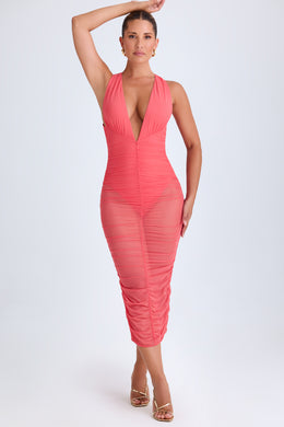Ruched Plunge Midaxi Dress in Coral