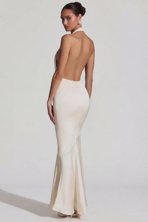 Oh Polly's Priscilla wearing the Desiree Gown Length Dress in Ivory Satin fabric perfect for elegant evening events