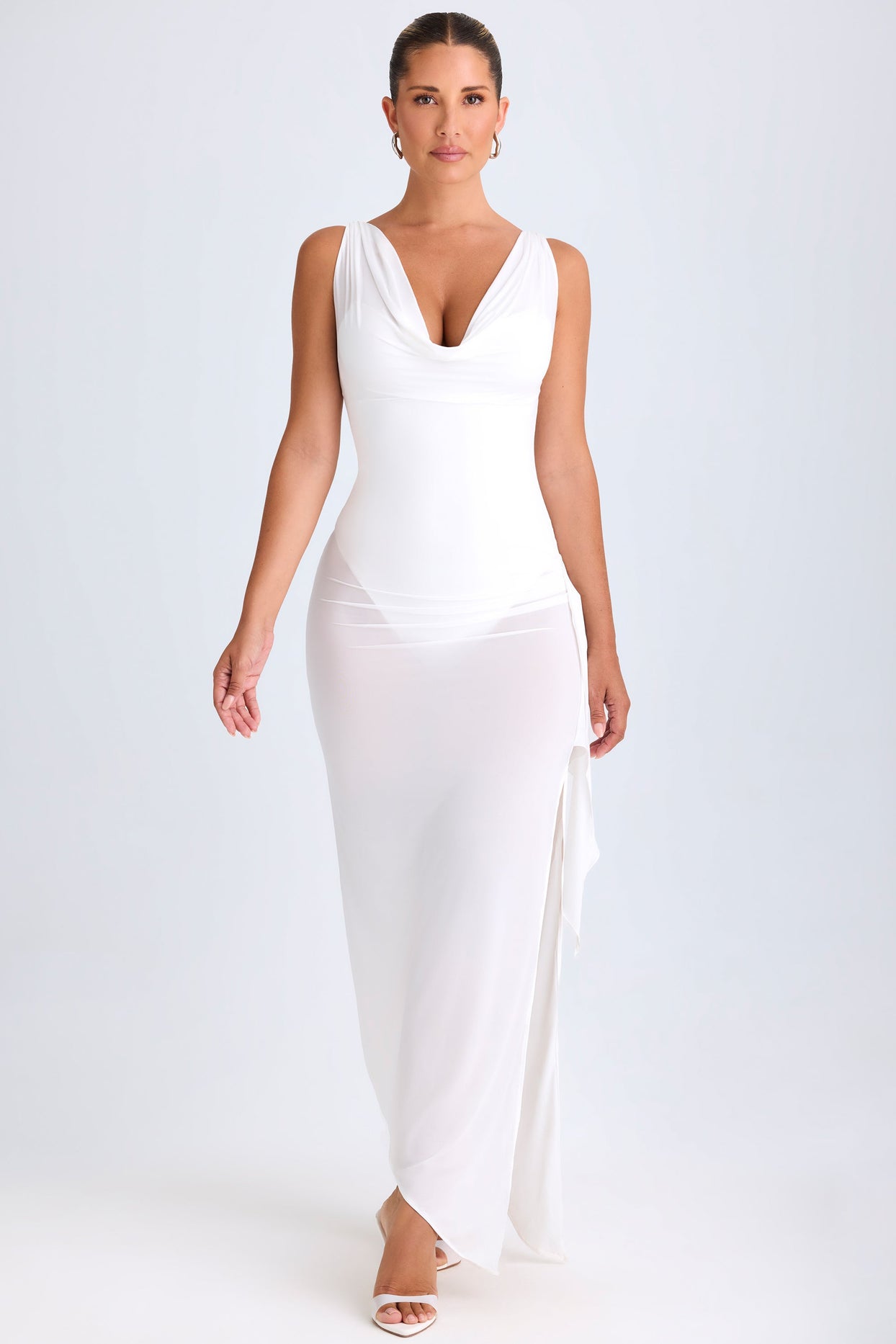 Ruffle-Trim Cowl-Neck Midaxi Dress in White