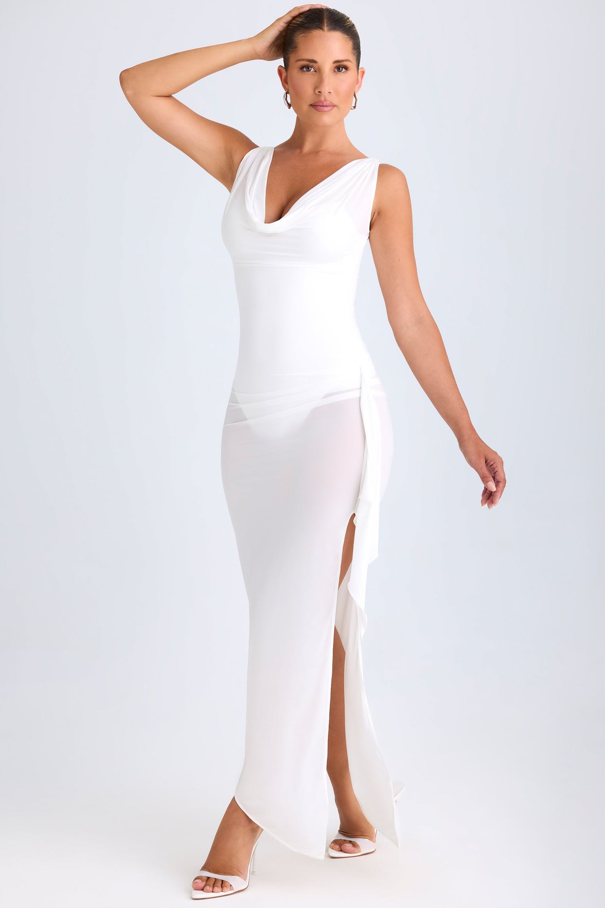 Deva Ruffle-Trim Cowl-Neck Midaxi Dress in White | Oh Polly Deva Ruffle-Trim Cowl-Neck Midaxi Dress in White | Oh Polly