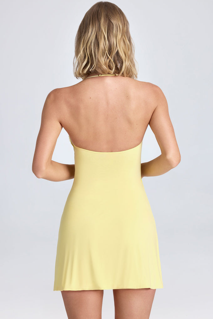 Halterneck Ruffle-Appliqué A-Line Mini Dress in Lemon Sherbet