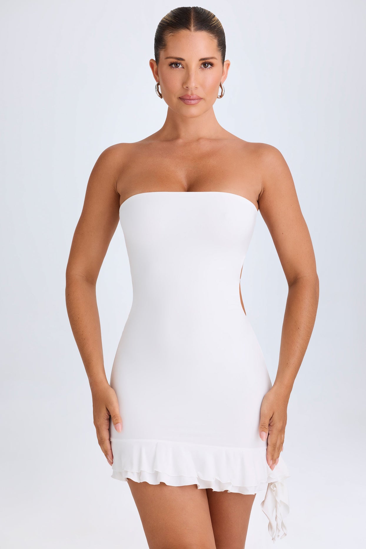 Ruffle-Trim Cut-Out Bandeau Mini Dress in White
