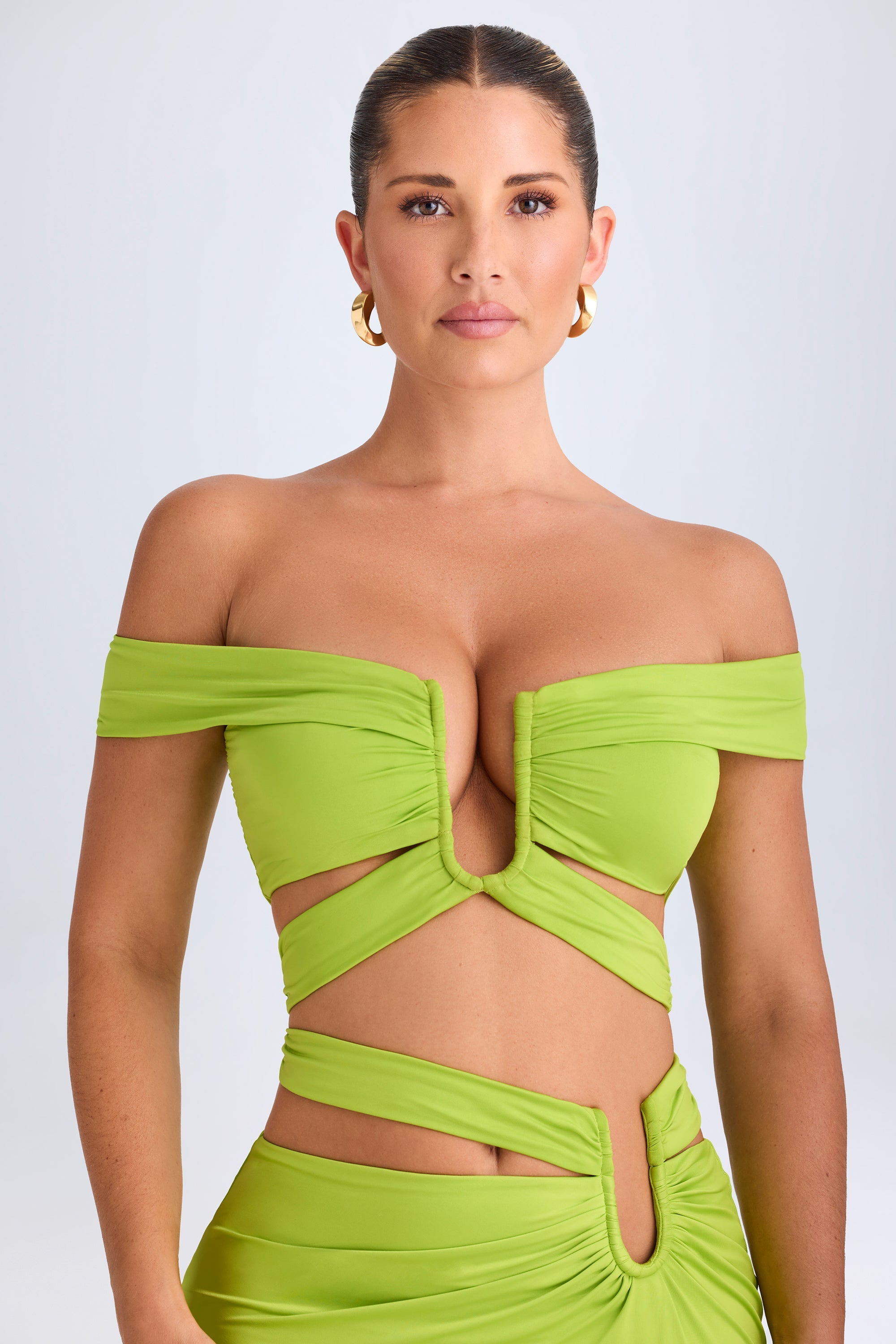 Cut-Out Off-Shoulder Crop Top in Lime Green