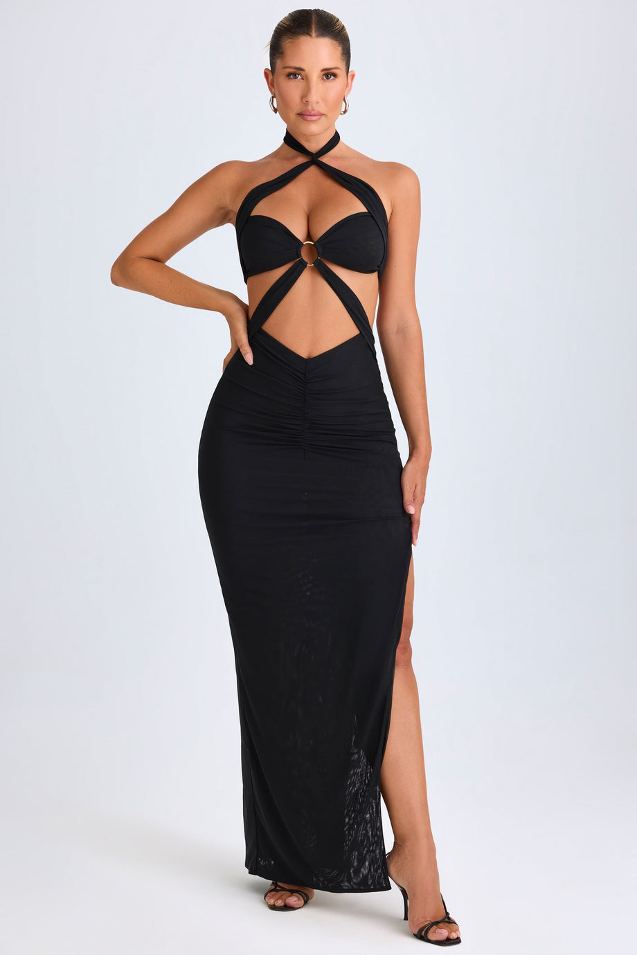 Hardware Detail Cut-Out Halterneck Maxi Dress in Black