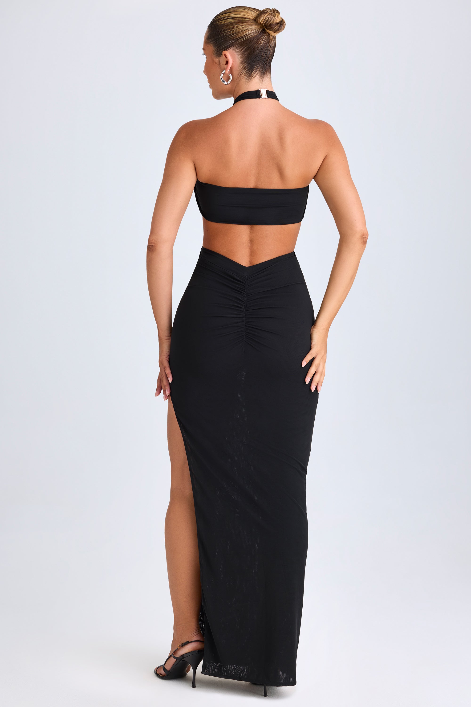 Hardware Detail Cut-Out Halterneck Maxi Dress in Black - XXS
