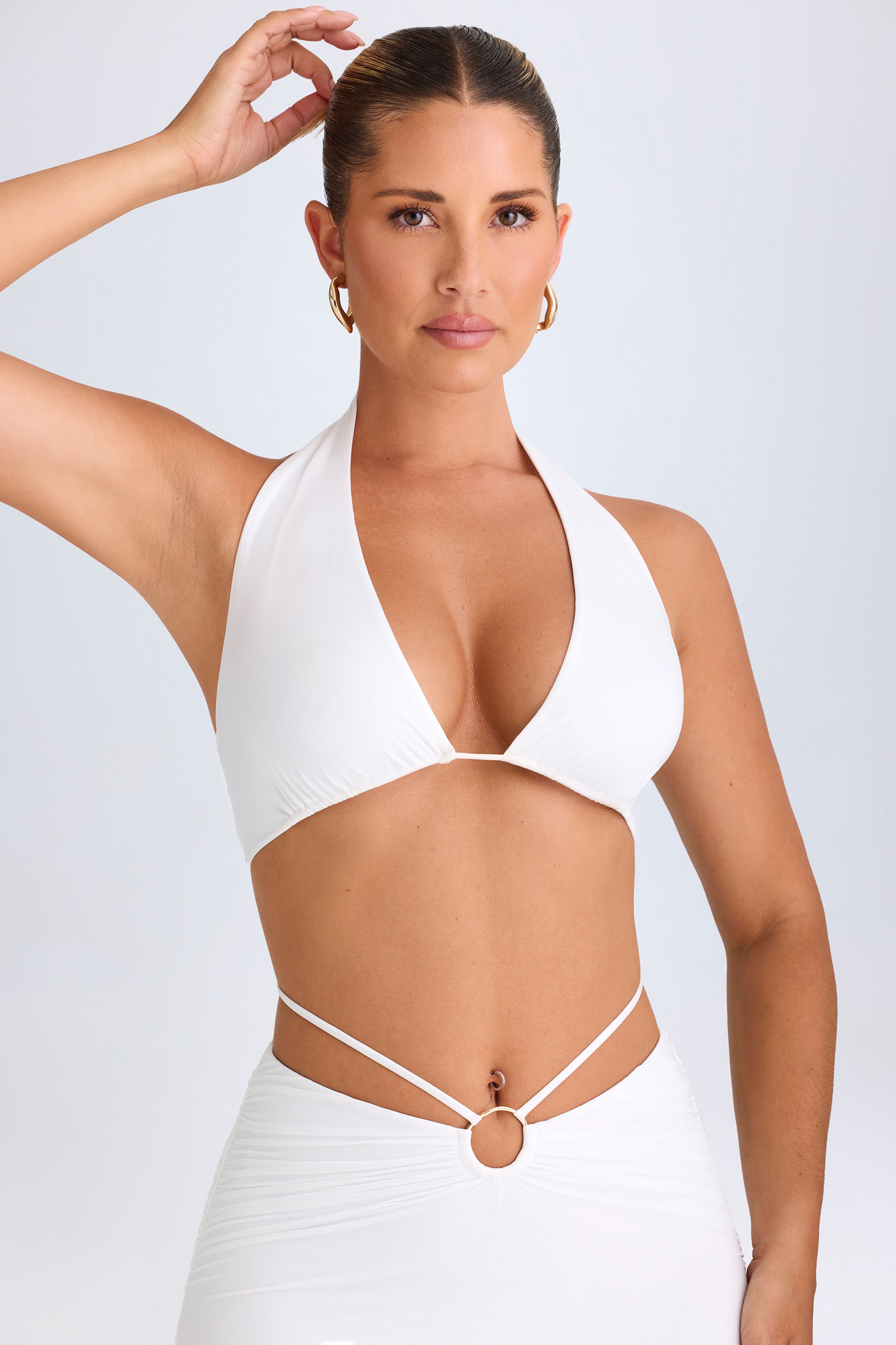 Plunge Hardware-Detail Halterneck Crop Top in White