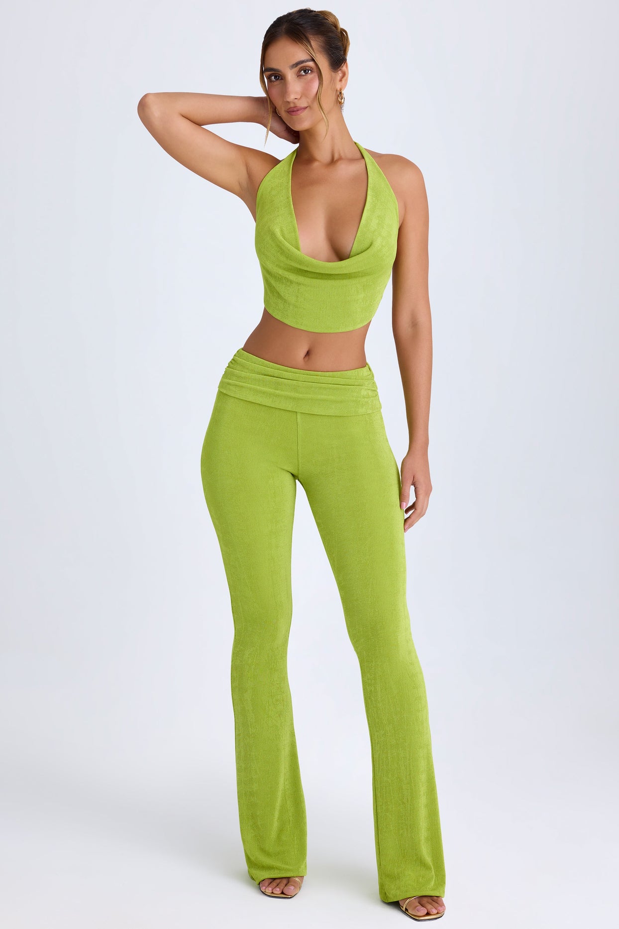 Petite Ruched Mid-Rise Trousers in Pear Green