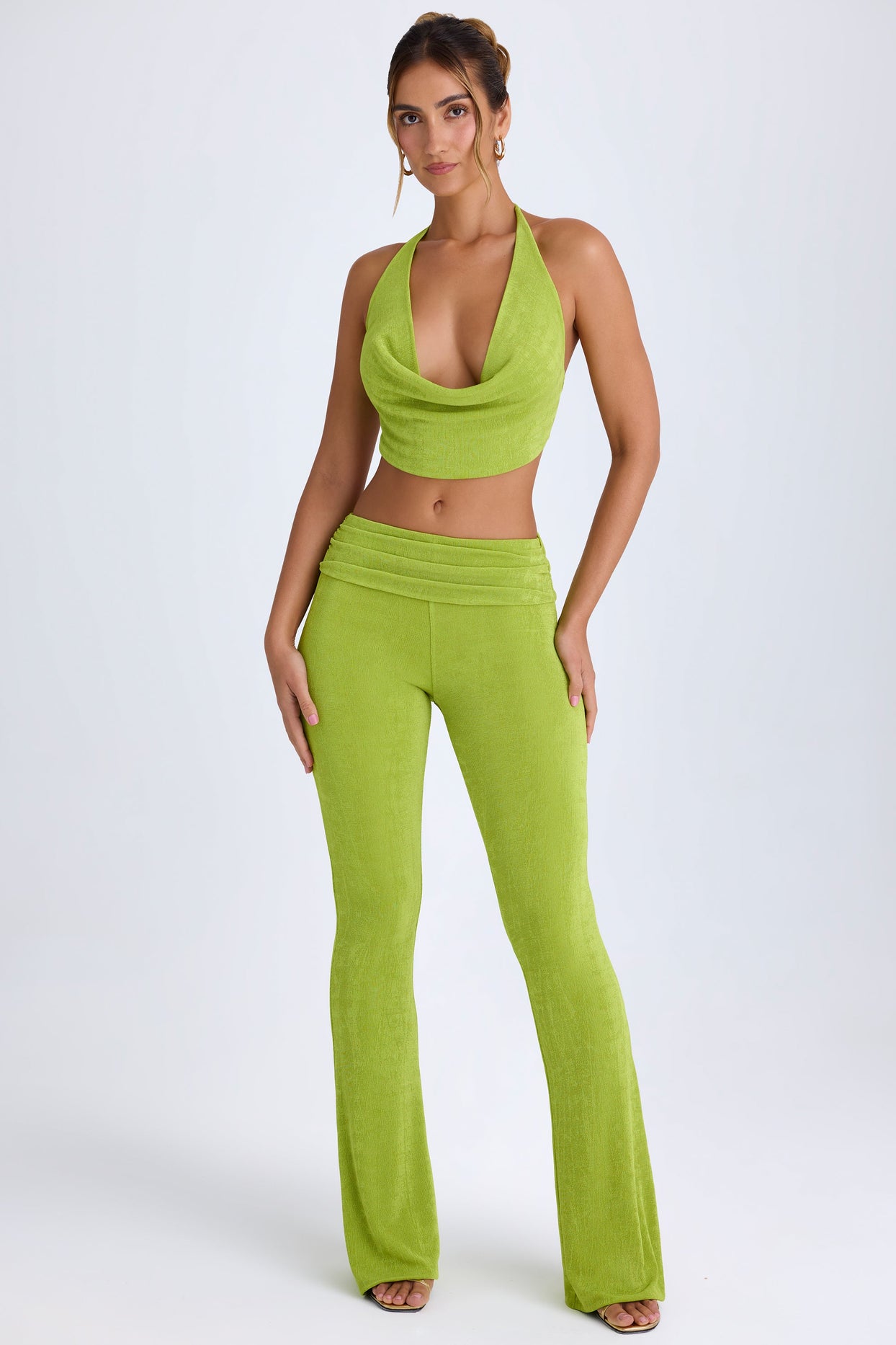 Lillian Tall Ruched Mid-Rise Trousers in Pear Green | Oh Polly