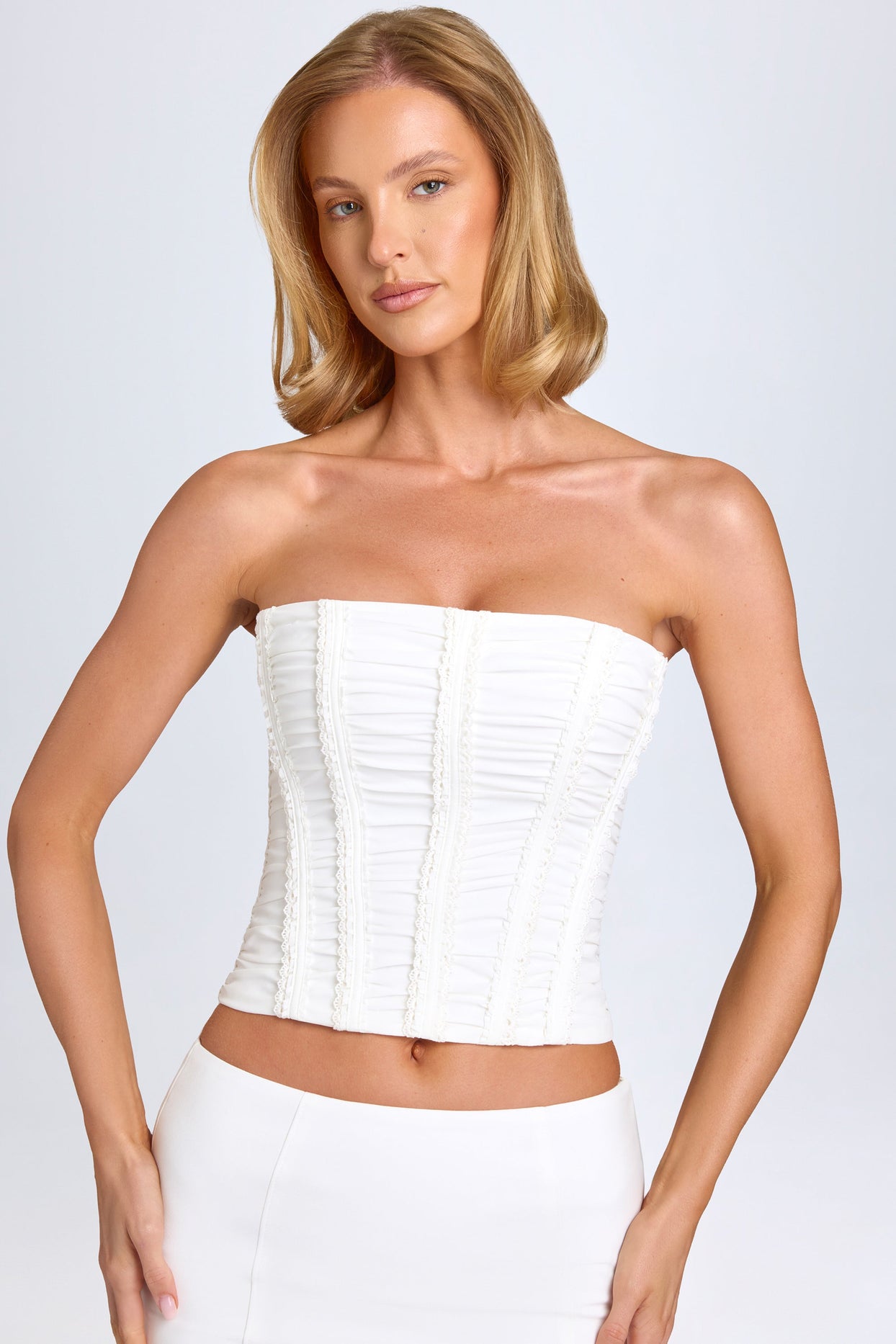 Ruched Lace-Up Corset Top in White