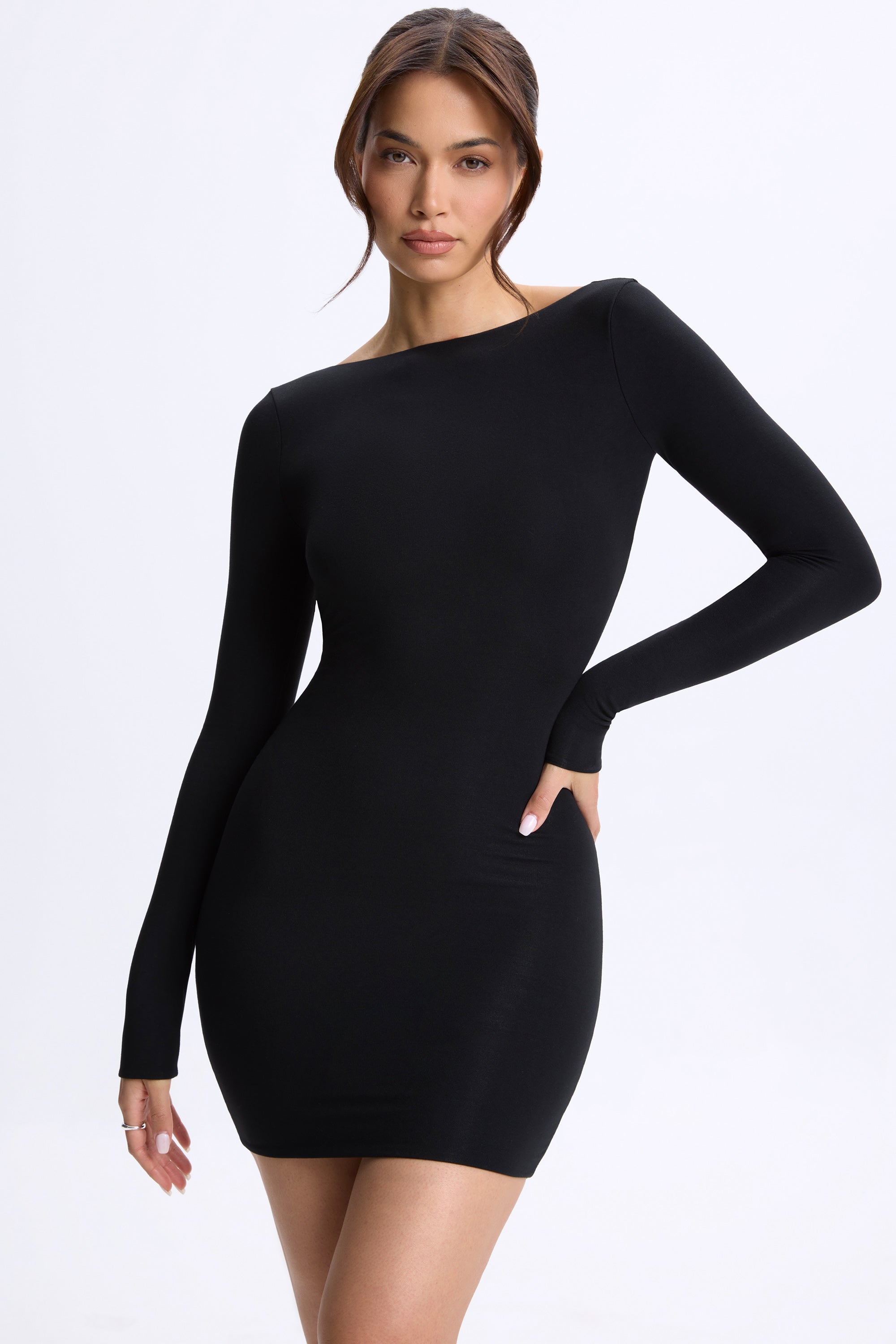 Open-Back Bodycon Mini Dress in Black