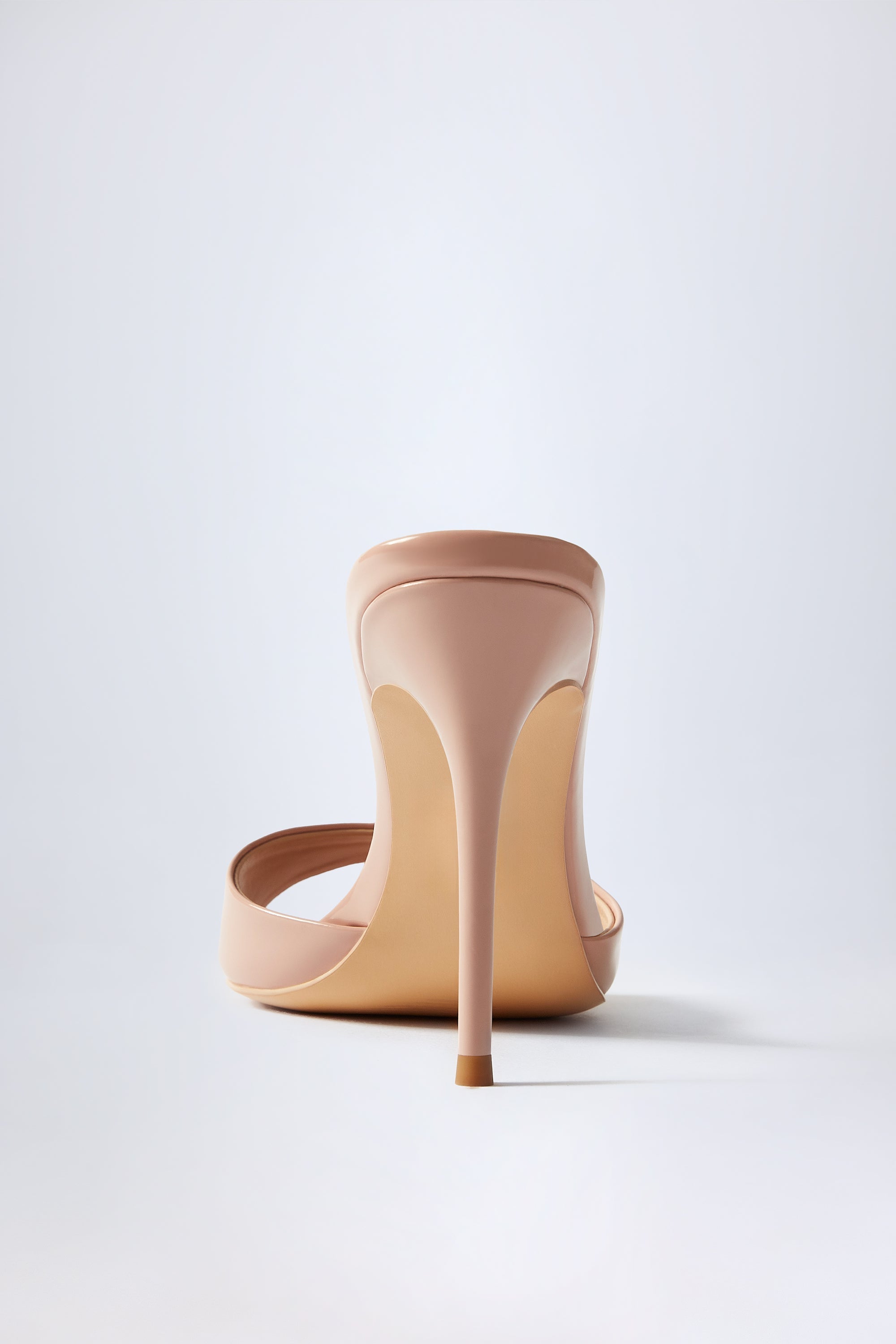 Almond-Toe Heeled Mules in Patent Pink