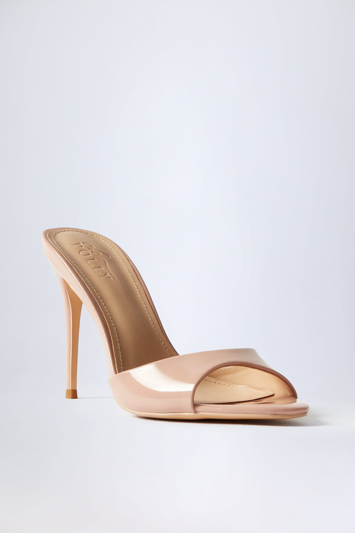 Almond-Toe Heeled Mules in Patent Pink