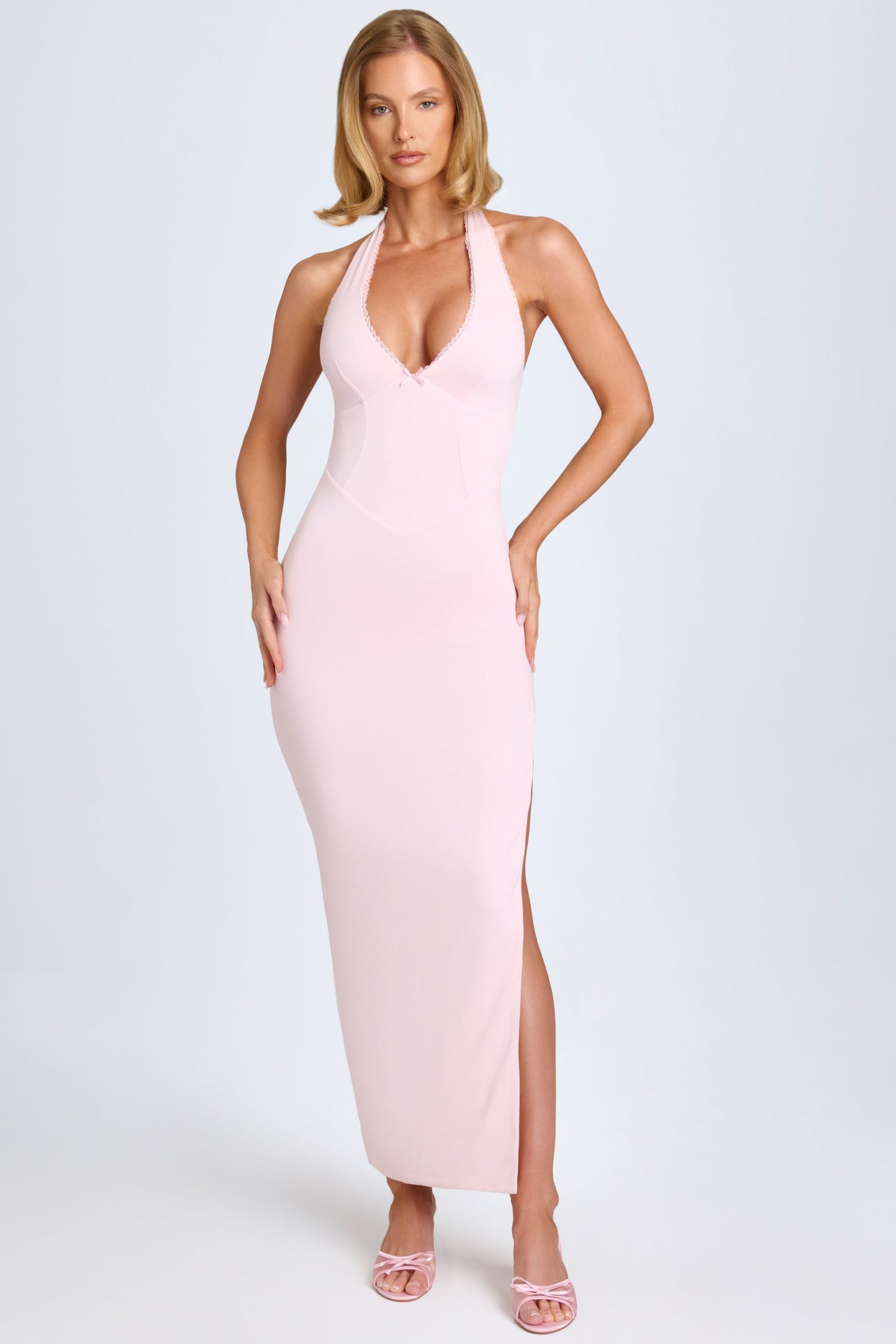 Modal Lace-Trim Halterneck Maxi Dress in Blush