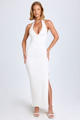 Modal Lace-Trim Halterneck Maxi Dress in White