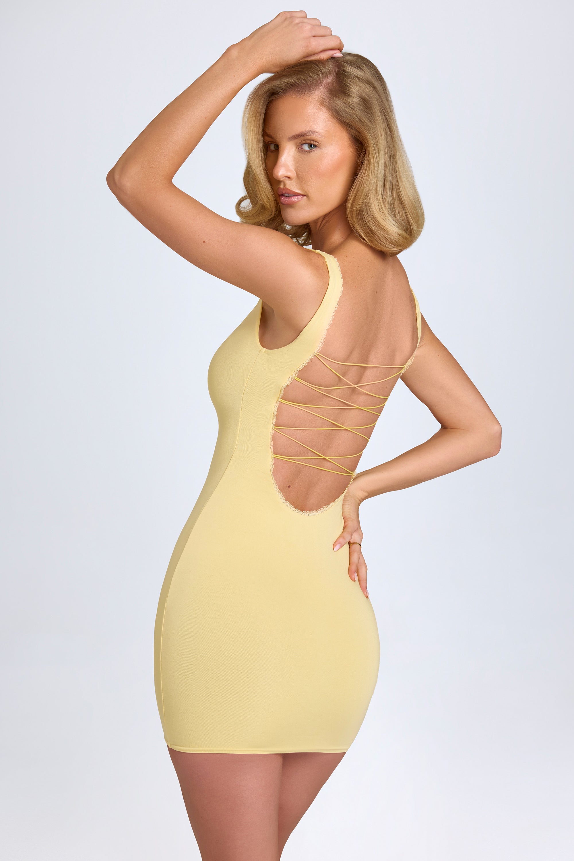 Aoife Modal Lace-Trim Bodycon Mini Dress in Pastel Yellow