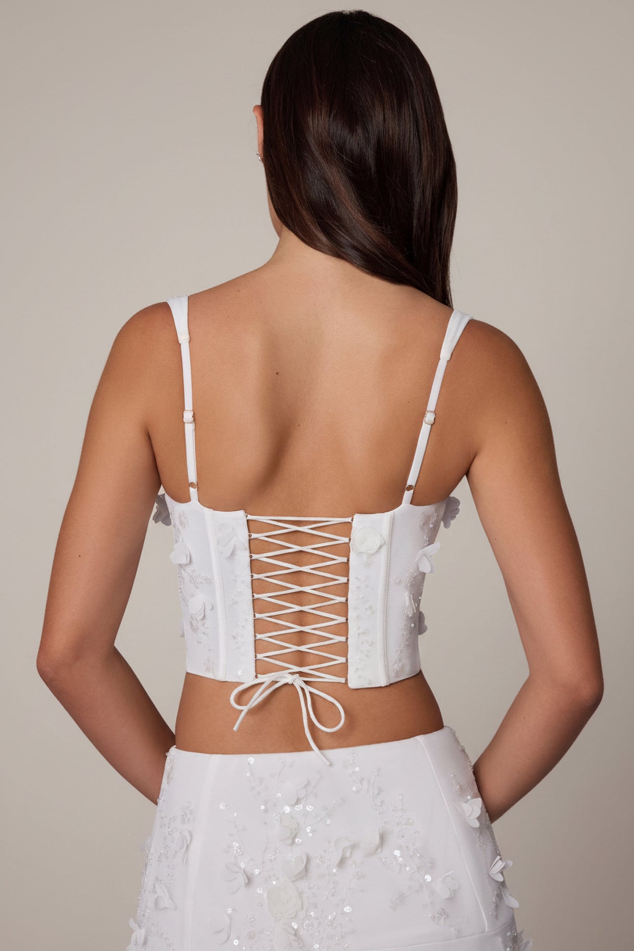 Embellished Lace-Up Corset Top in White - 6