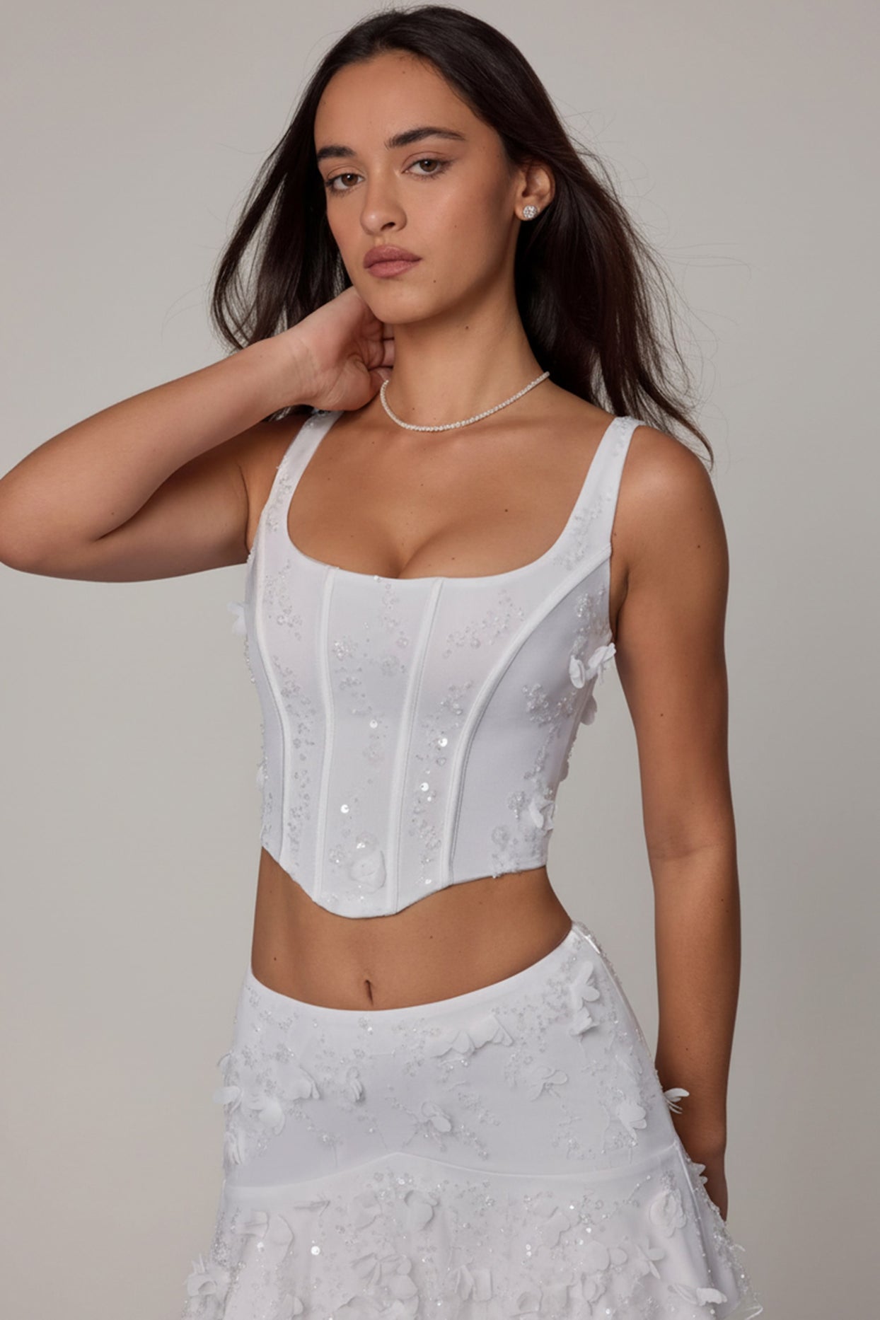 Embellished Lace-Up Corset Top in White - 5