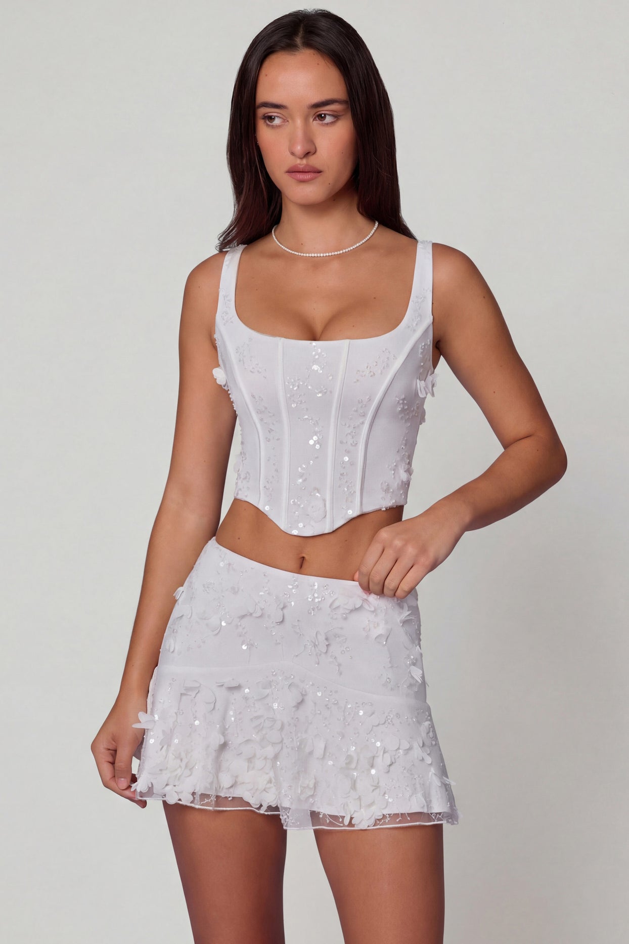 Embellished Lace-Up Corset Top in White - 8