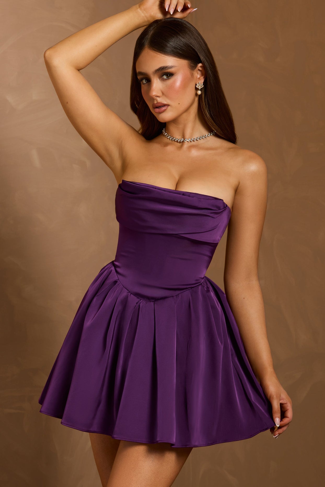 Cowl-Neck Corset Mini Dress in Plum