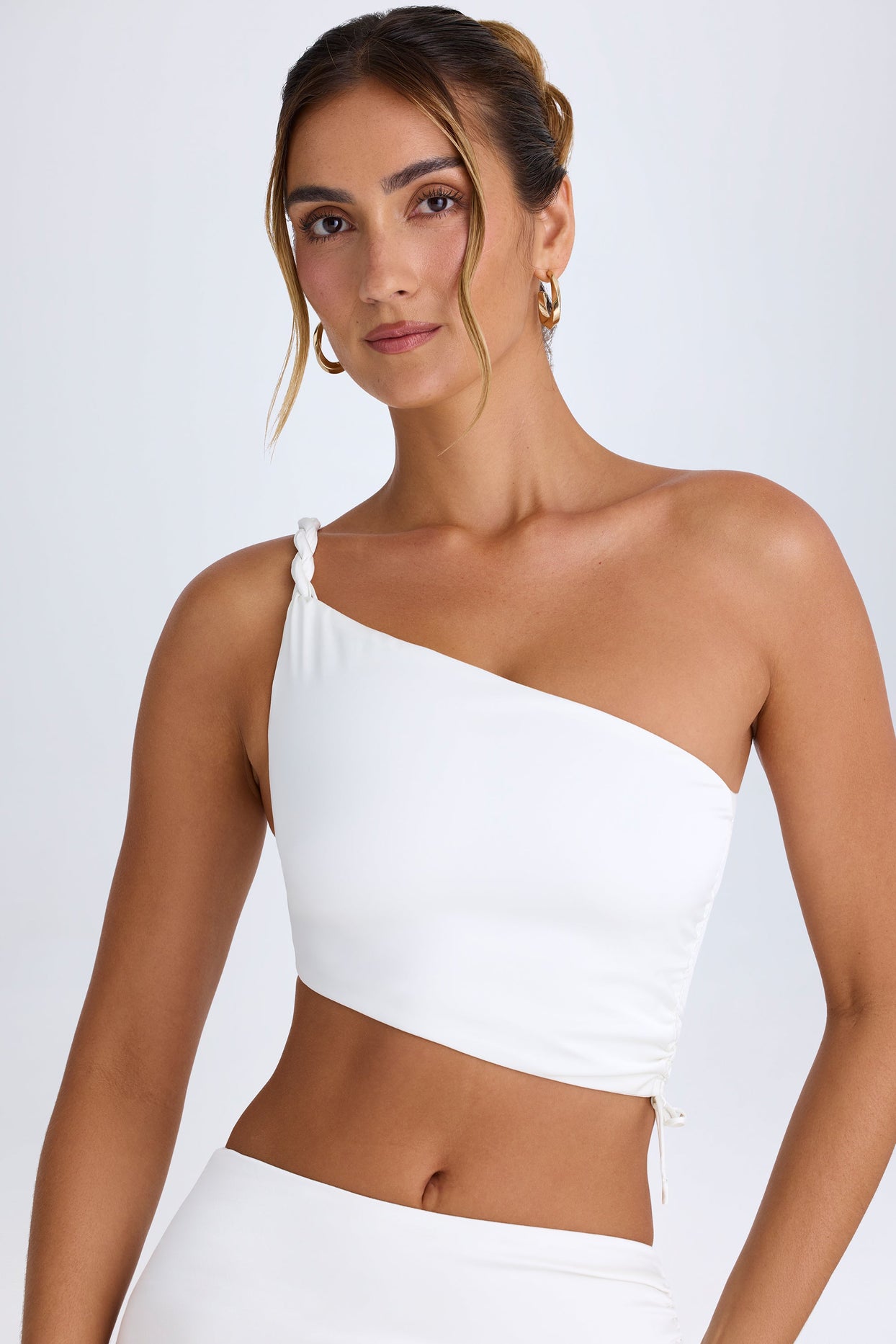 Ruched Asymmetric Crop Top in White