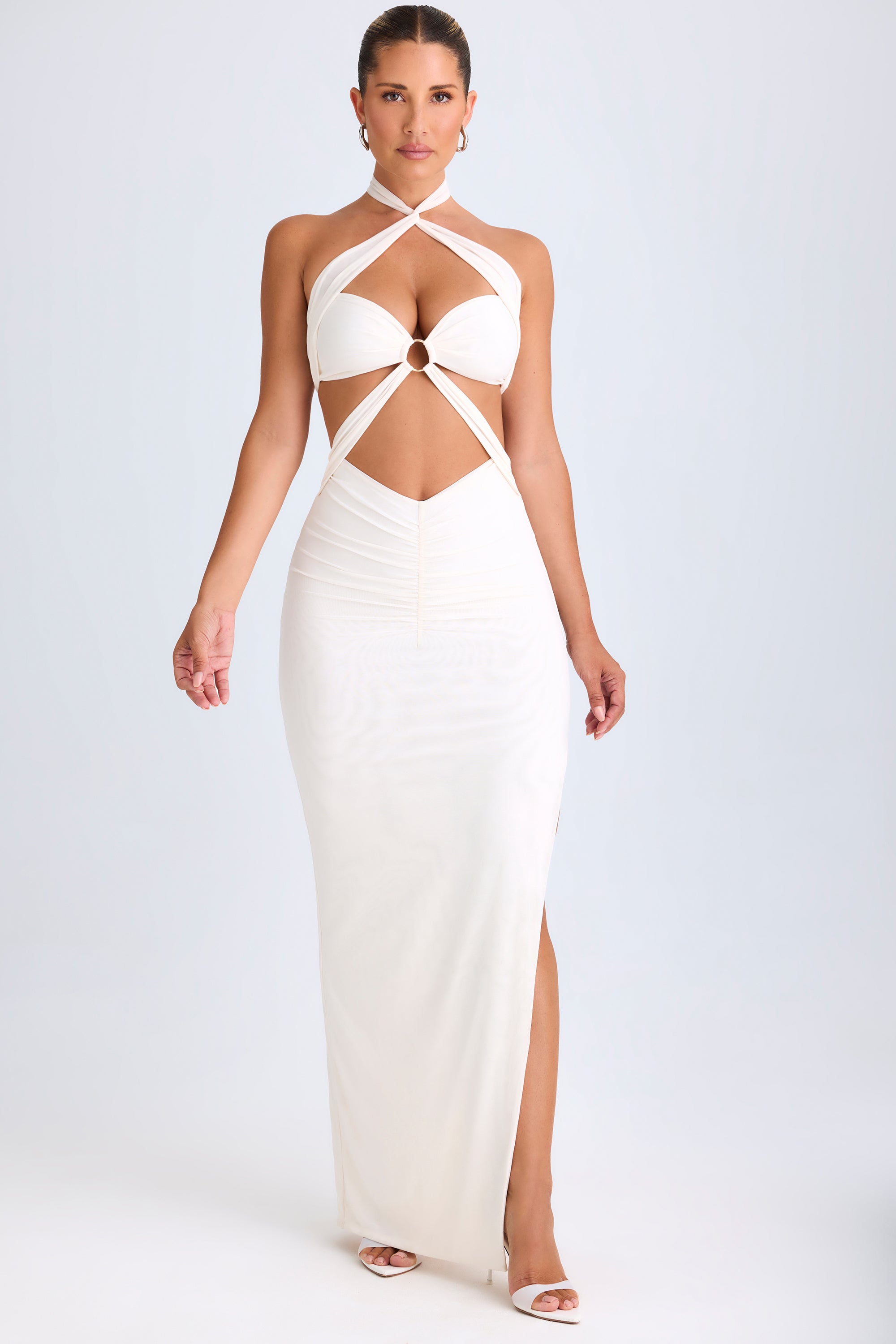 Cut-Out Ruched Halterneck Maxi Dress in White - L | Oh Polly Cut-Out Ruched Halterneck Maxi Dress in White - L | Oh Polly