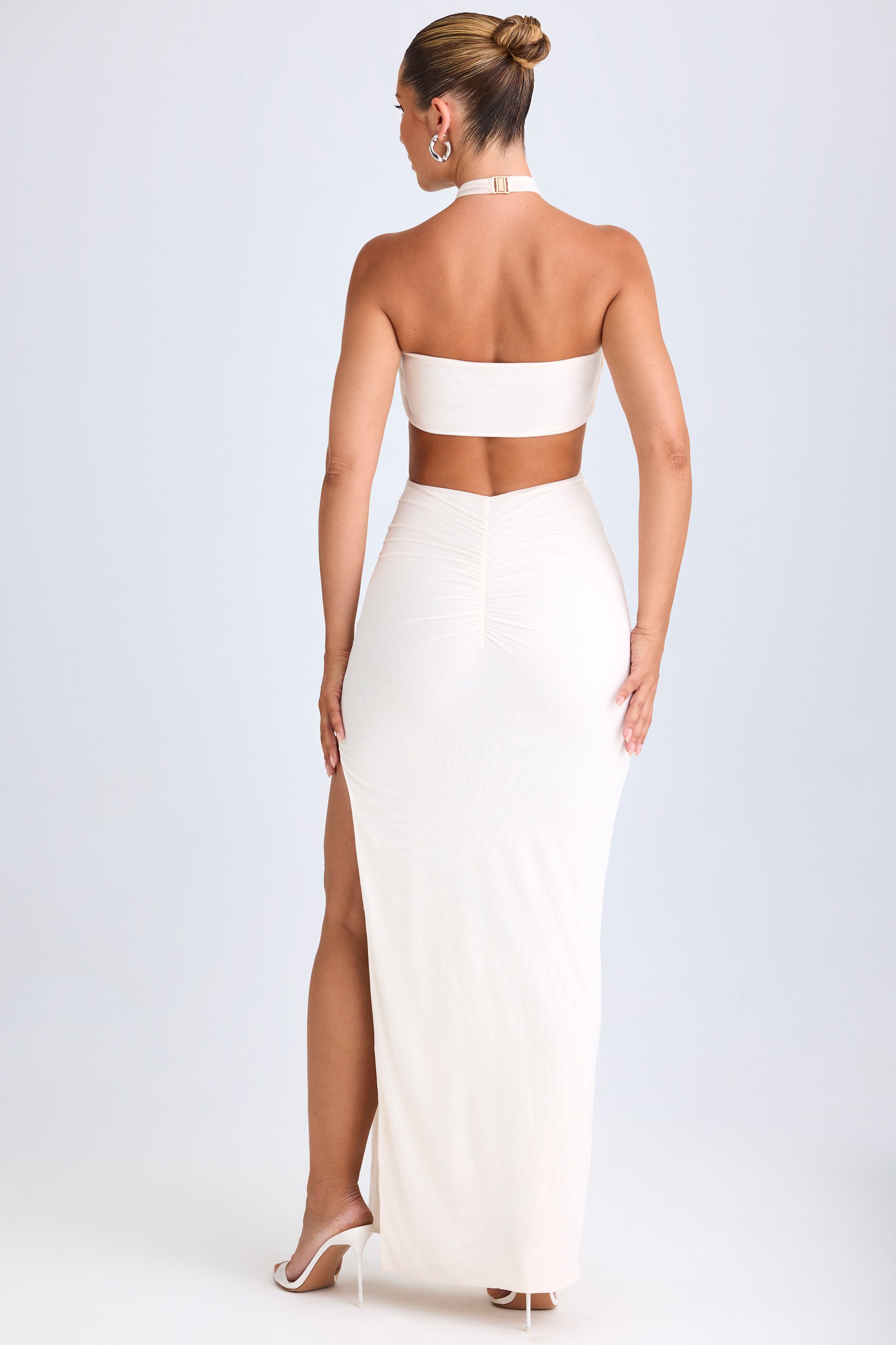 Cut-Out Ruched Halterneck Maxi Dress in White