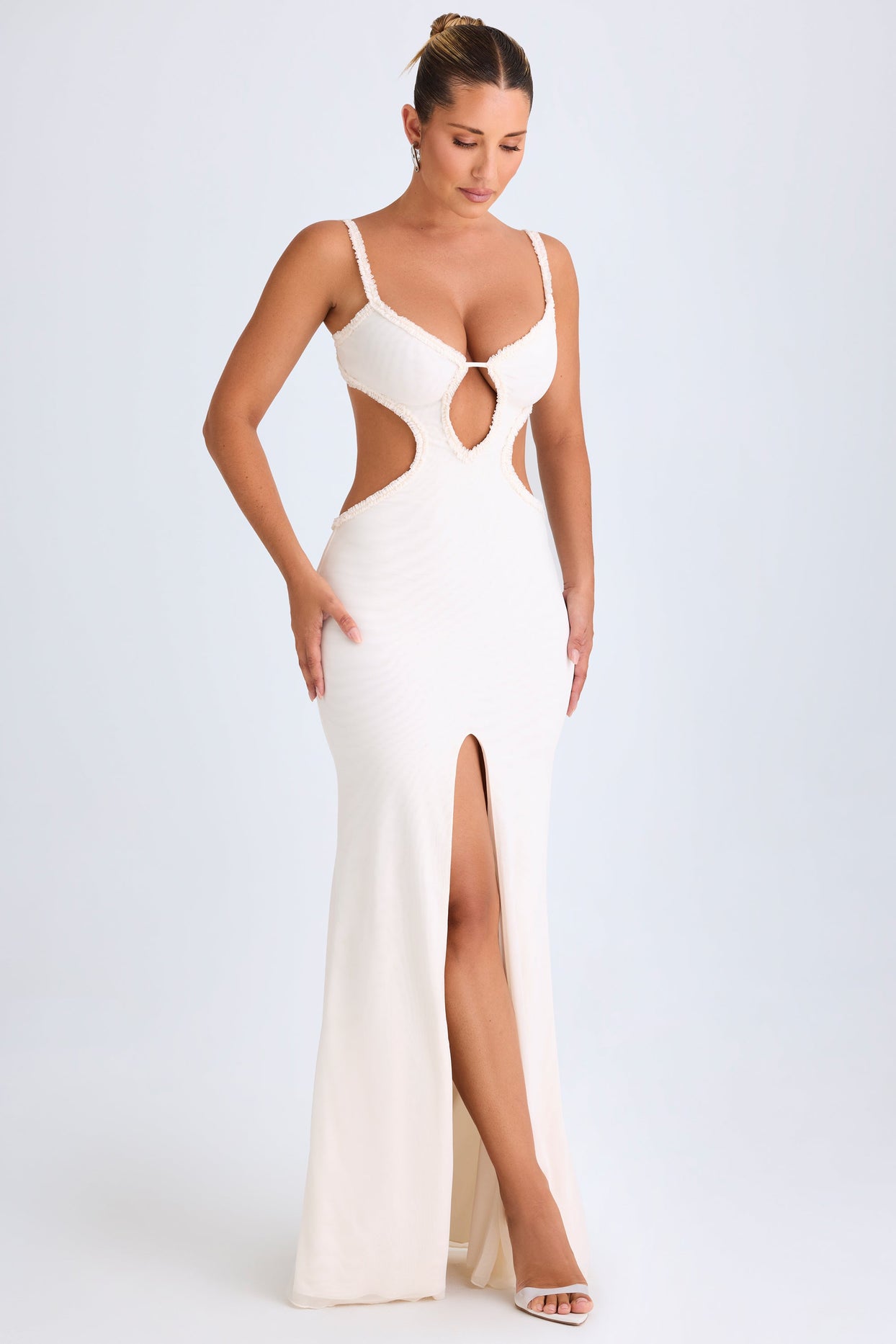 Ruffle-Appliqué Cut-Out Maxi Dress in White