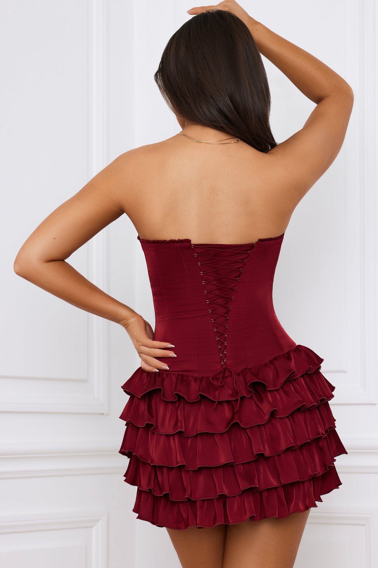 Bandeau Ruffled Tiered Corset Mini Dress in Berry Red