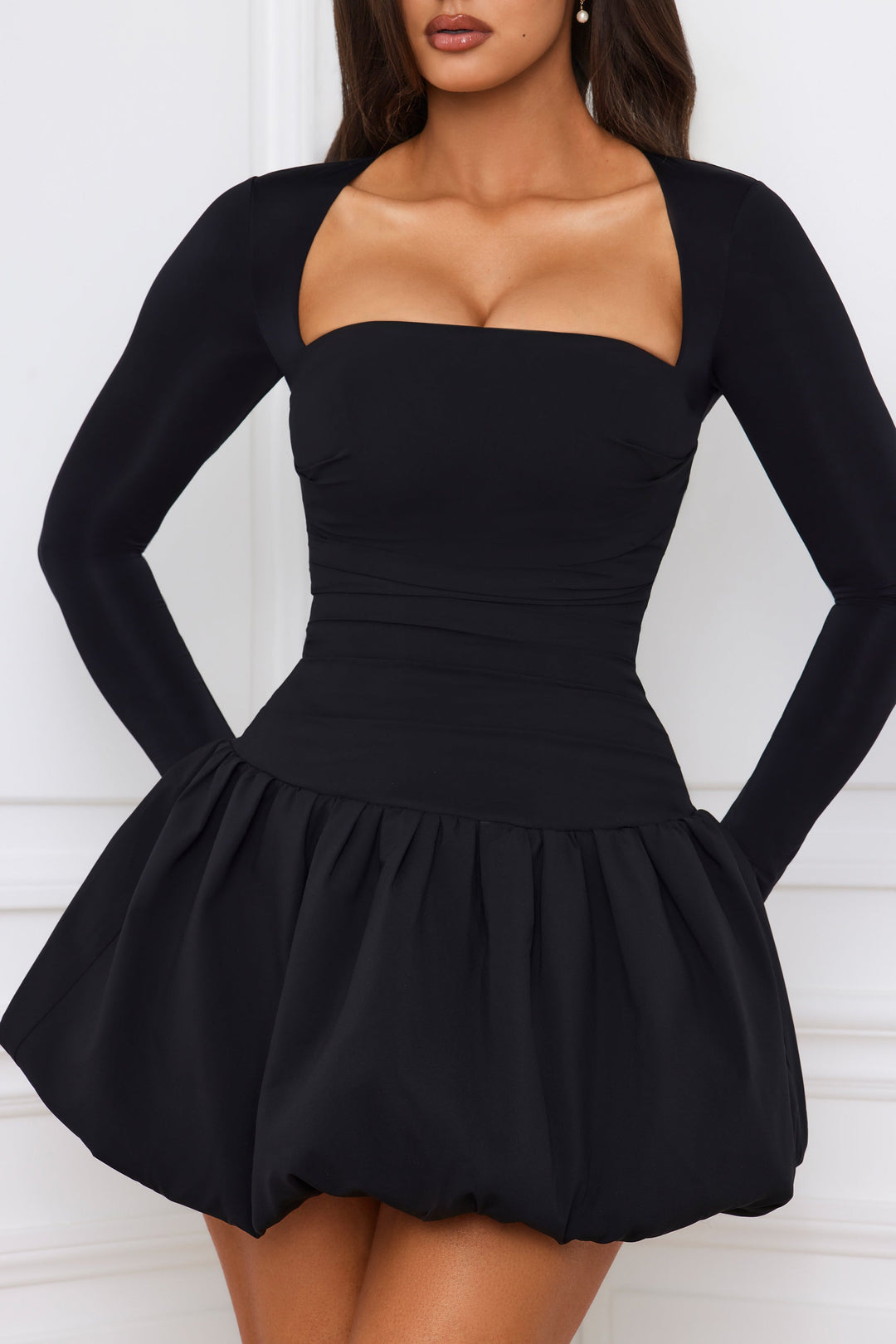 Viola Long-Sleeve Bubble Hem Mini Dress in Black
