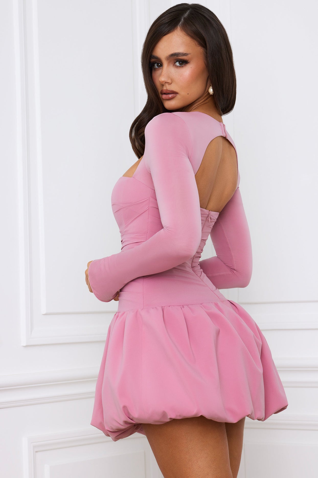 Long-Sleeve Bubble Hem Mini Dress in Mauve