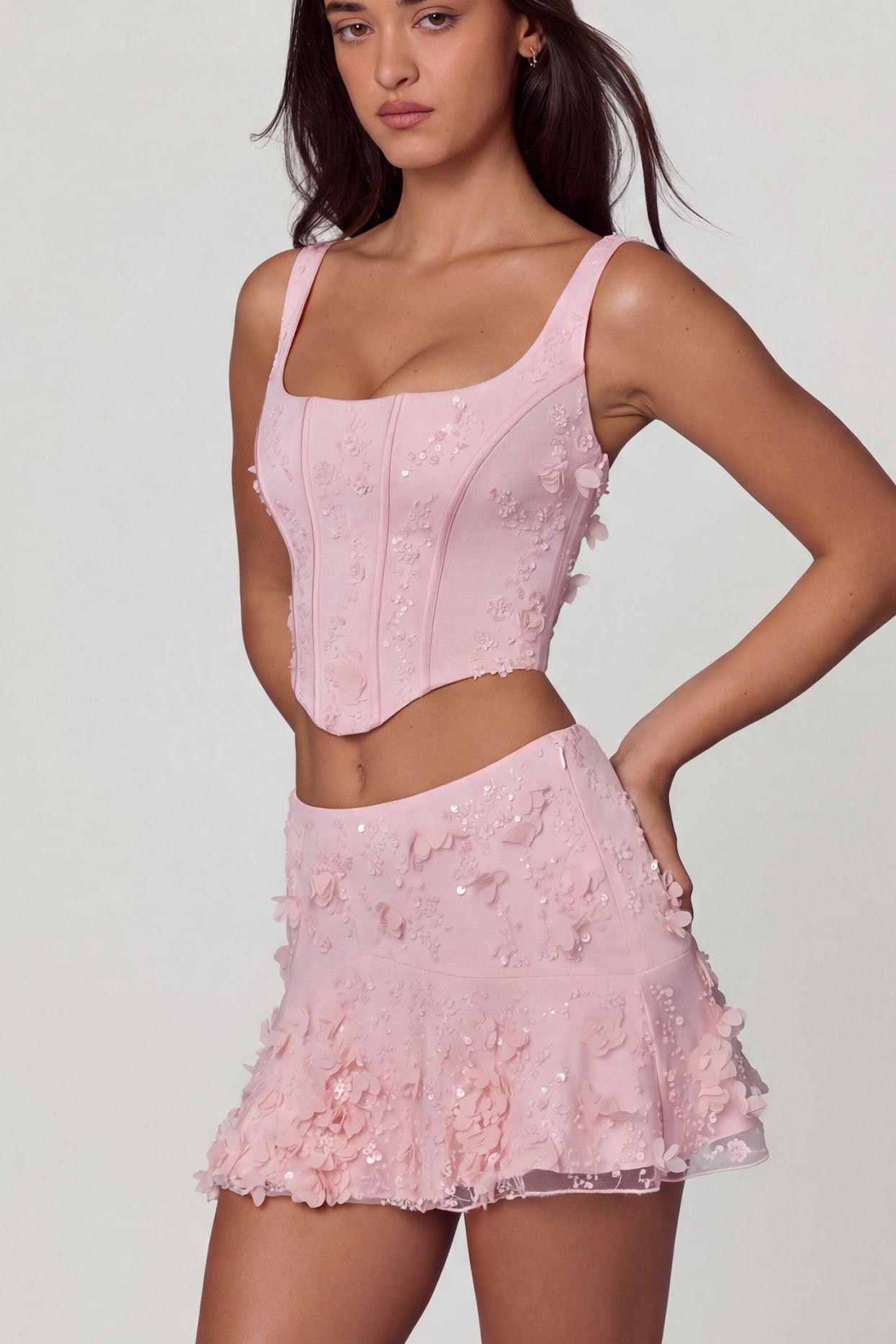 Embellished Mid-Rise A-Line Mini Skirt in Soft Pink - 8