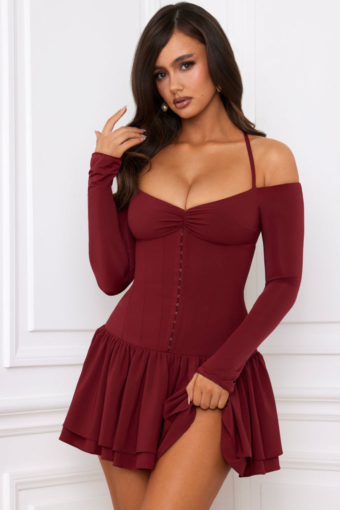 Off-Shoulder Tiered Corset Mini Dress in Berry Red