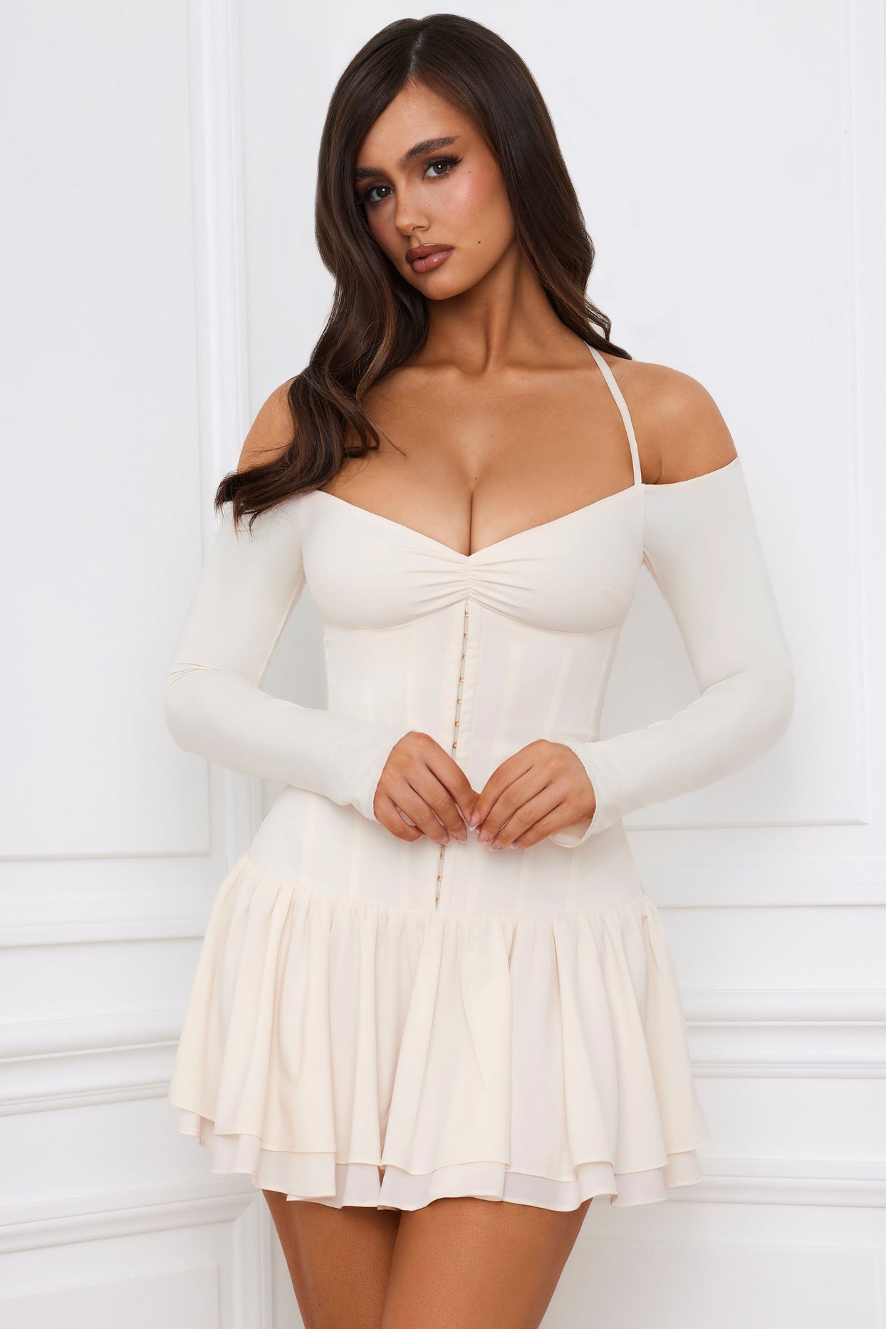 Off-Shoulder Tiered Corset Mini Dress in Ivory