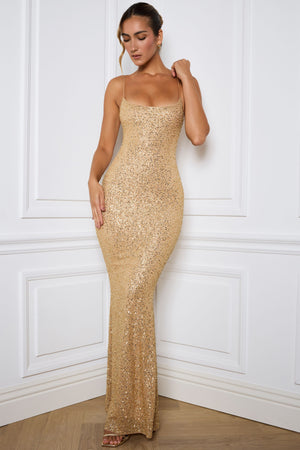Embellished Fishtail Maxi Dress in Gold