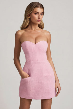 Oh Polly's Freya Tidy wearing the Talina Mini Dress in Soft Pink Tweed fabric perfect for bridal showers