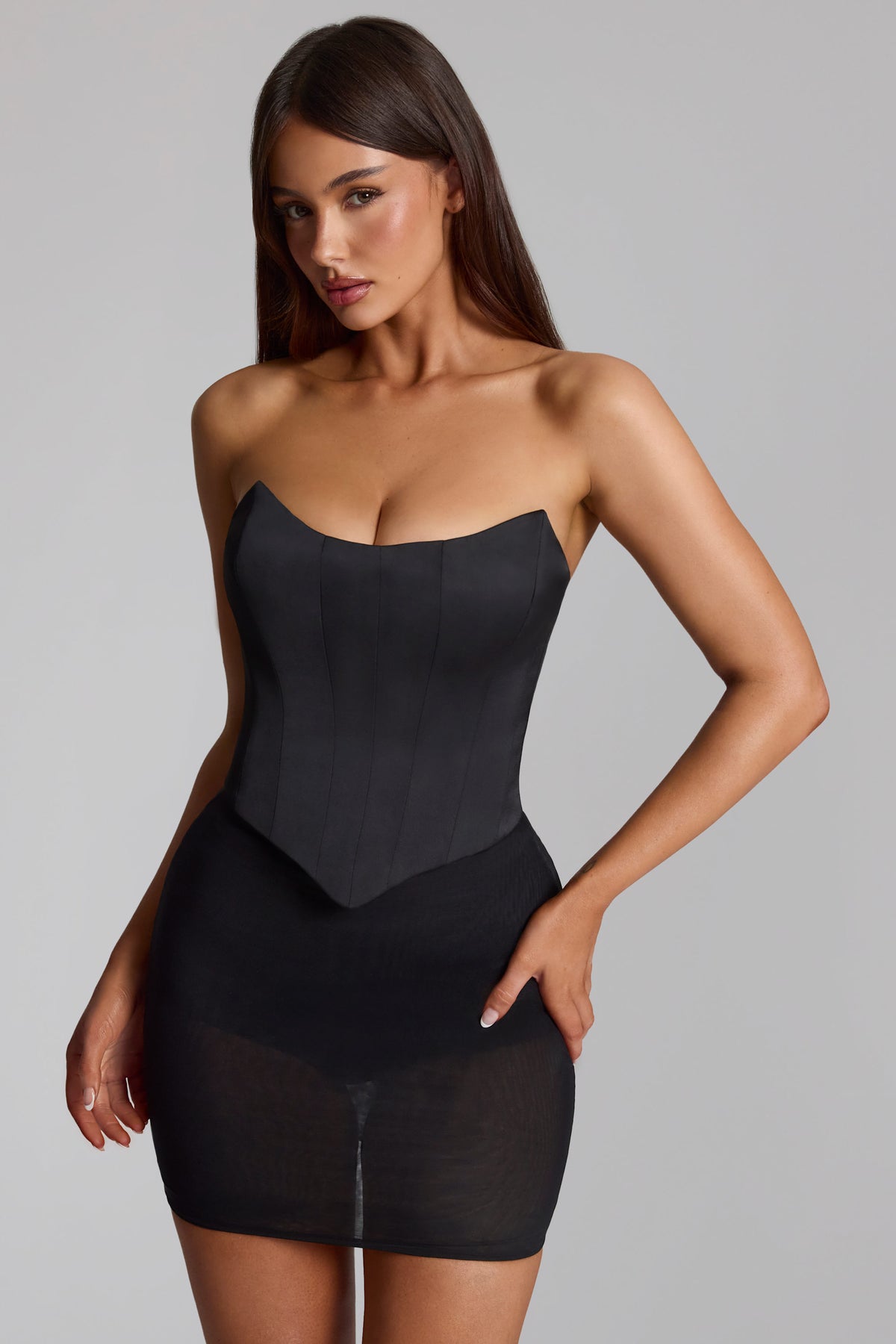 Satin Lace-Up Corset Top in Black - 1