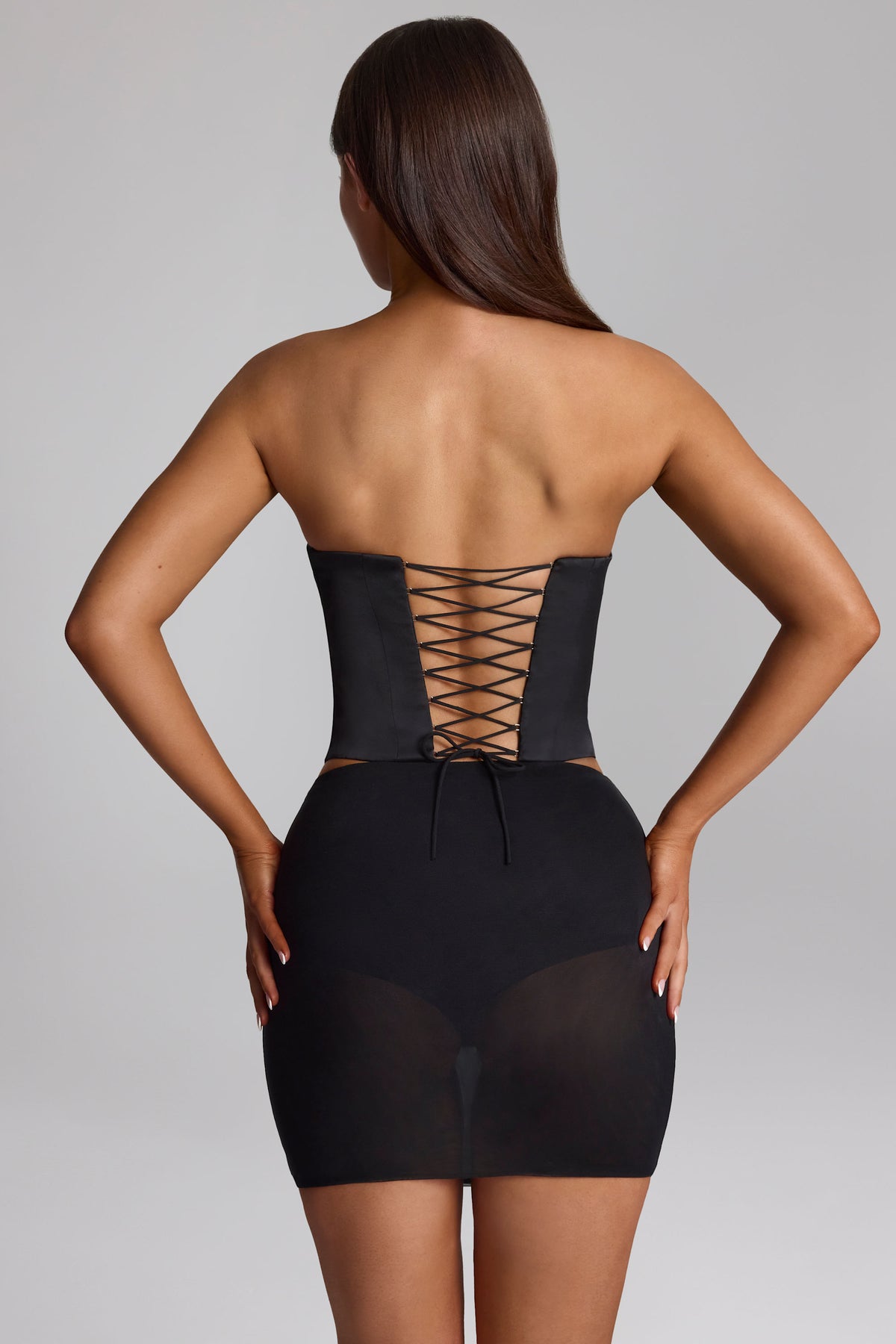 Satin Lace-Up Corset Top in Black - 2