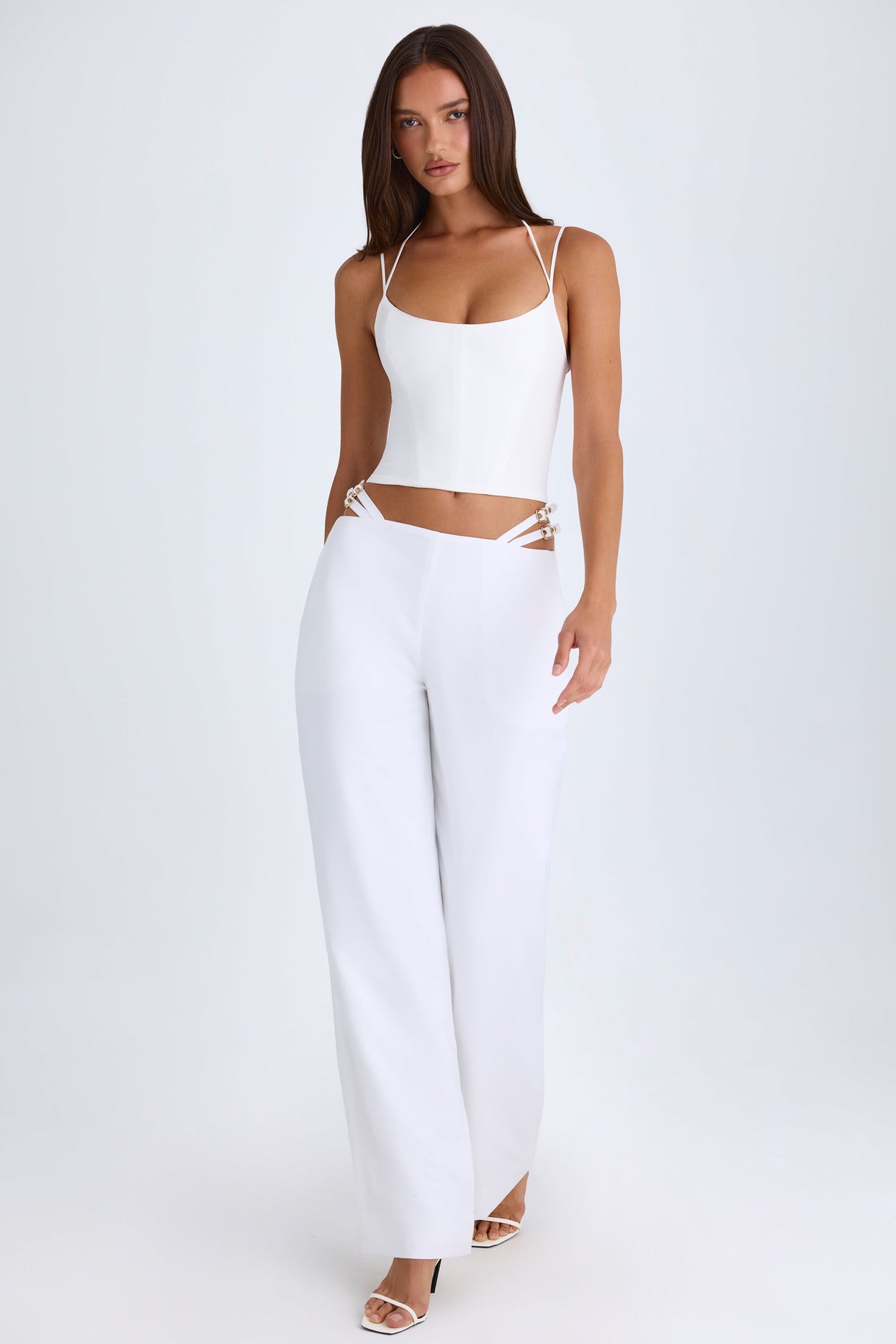 Petite Belted Cut-Out Wide-Leg Trousers in White