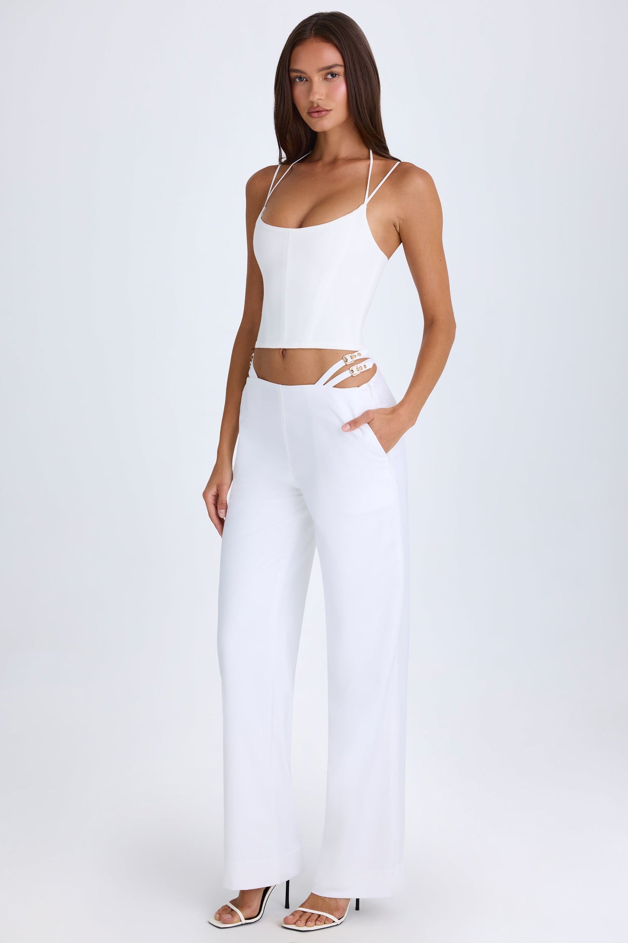 Tall Belted Cut-Out Wide-Leg Trousers in White