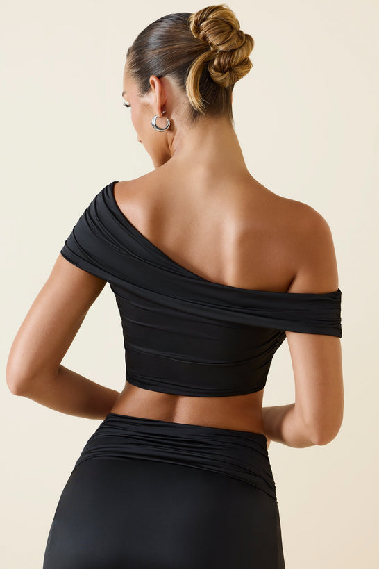 Asymmetric Ruched Off-Shoulder Crop Top in Black