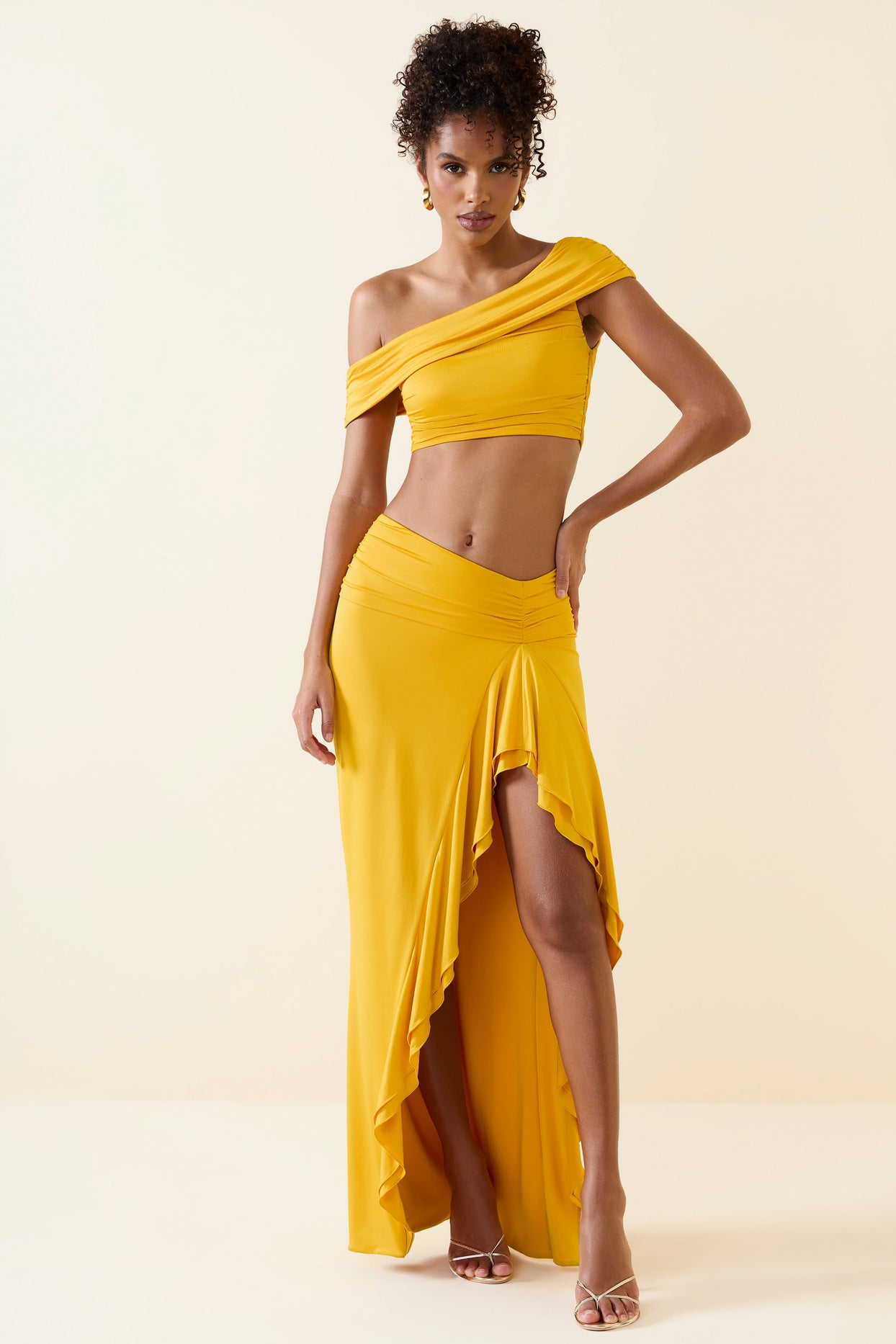 Asymmetric Ruffled Low-Rise Maxi Skirt in Golden Yellow