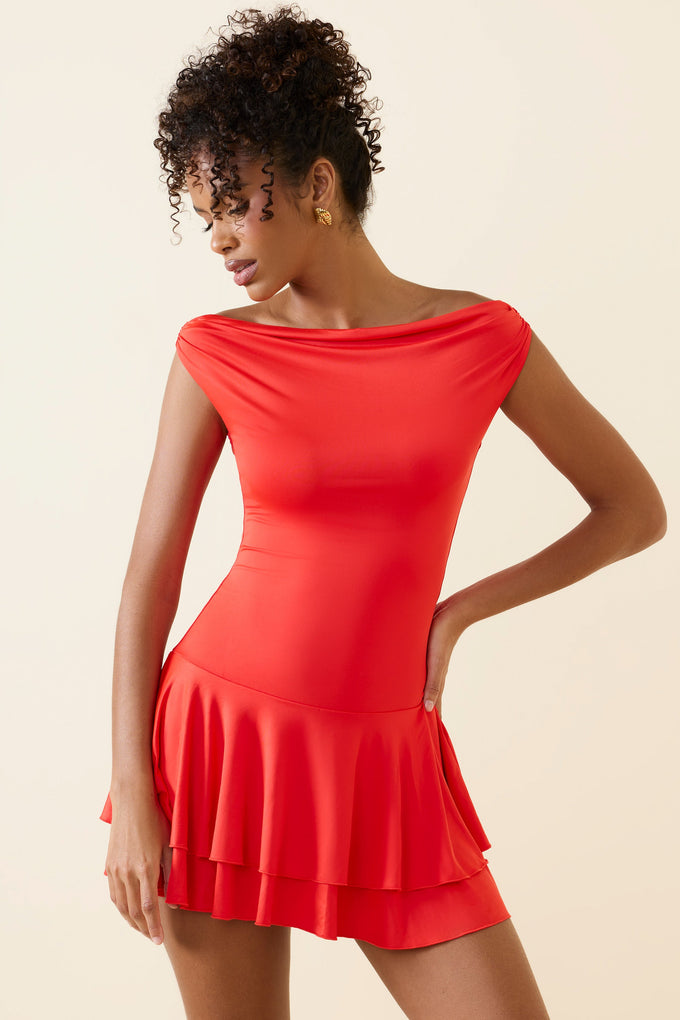 Off-Shoulder Ruffled Mini Dress in Scarlet