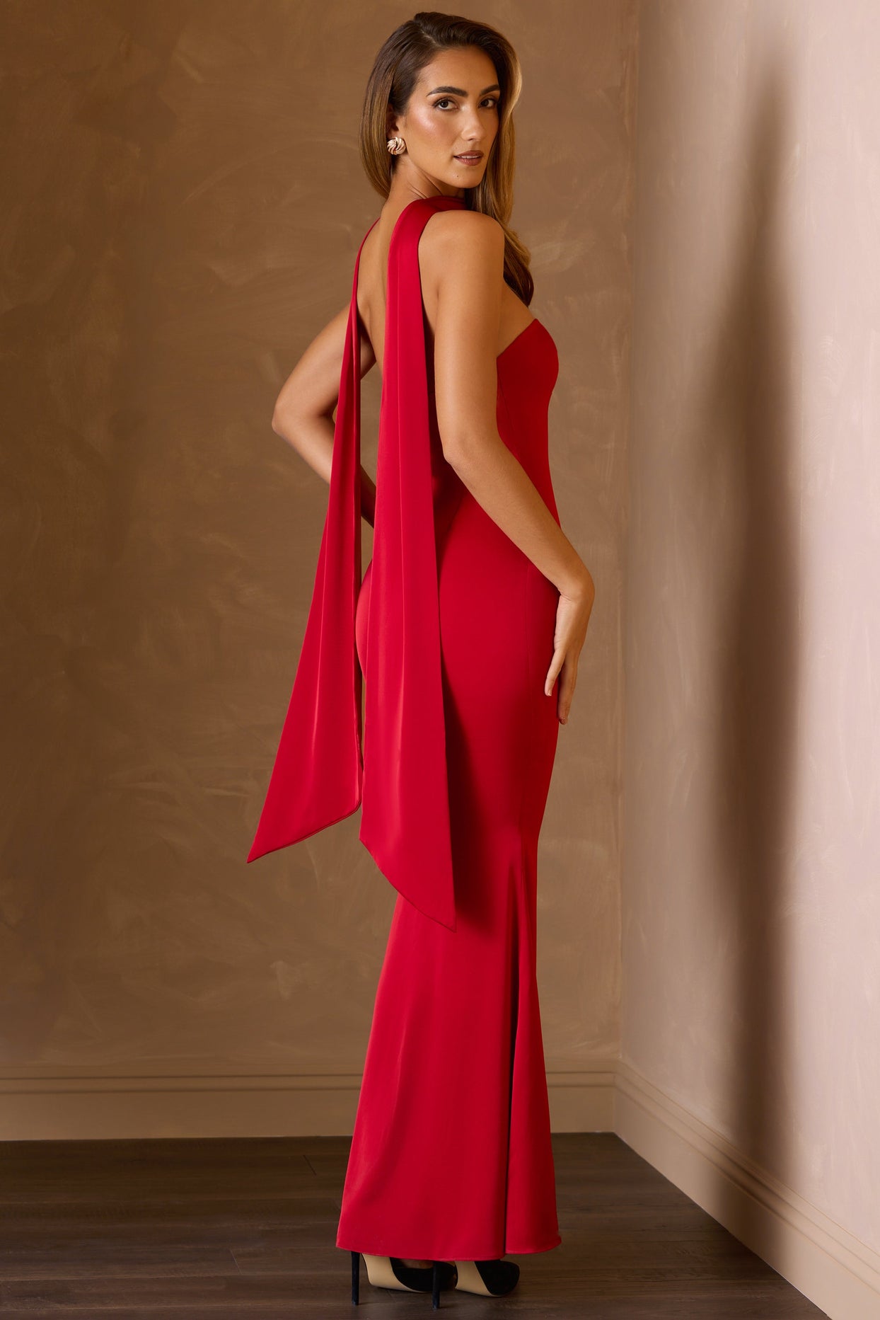 Scarf-Detail Strapless Gown in Scarlet Red