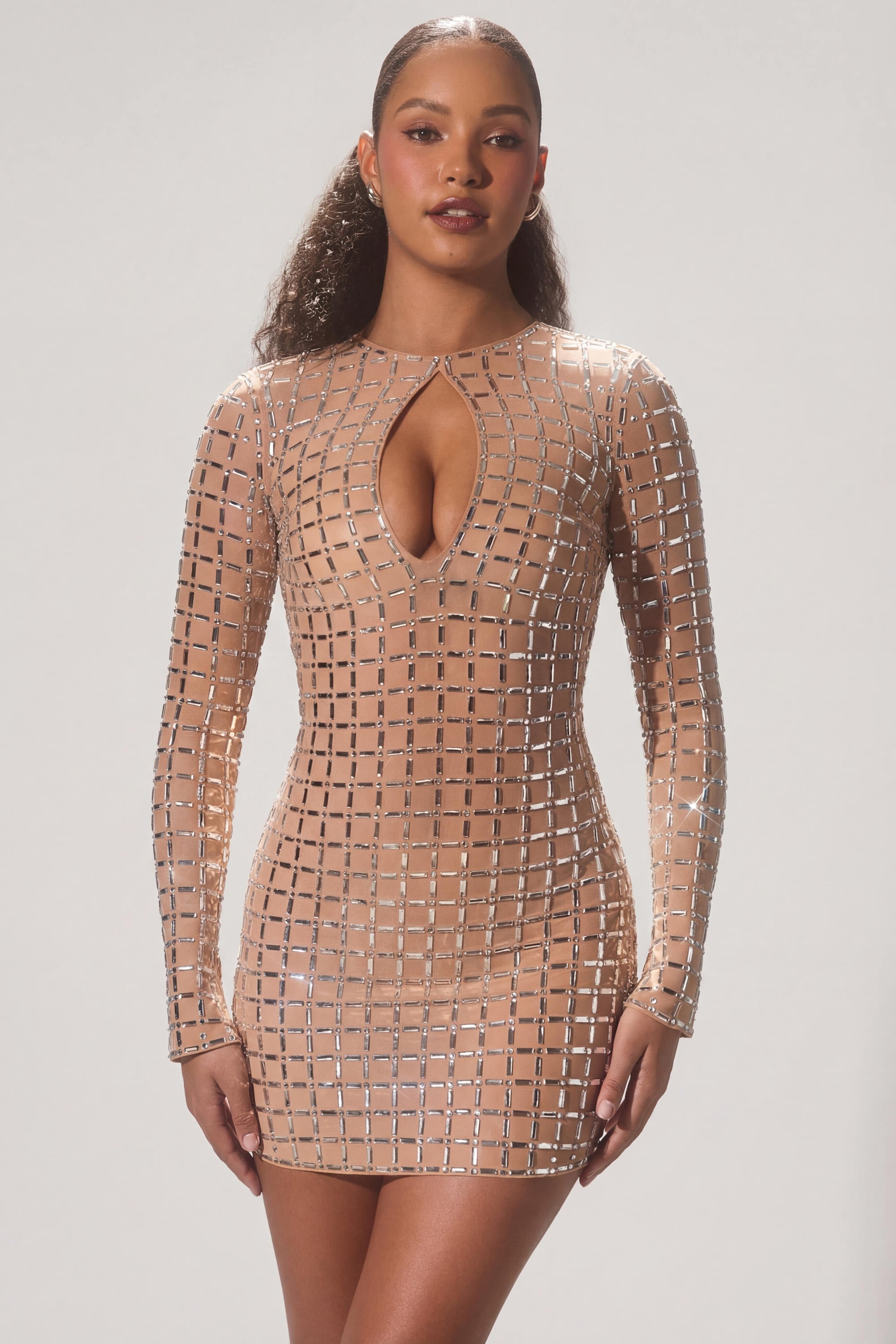 Embellished Semi-Sheer Cut-Out Mini Dress in Almond
