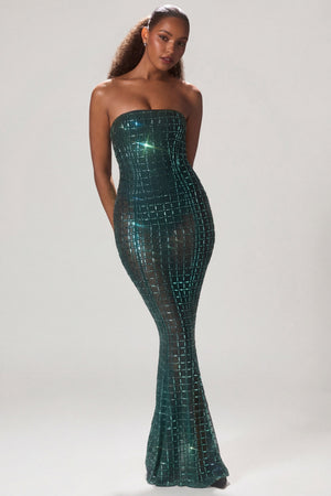 Oh Polly's Staci wearing the Marleni Gown Length Dress in Emerald Green Square Hotfix fabric perfect for formal evening events