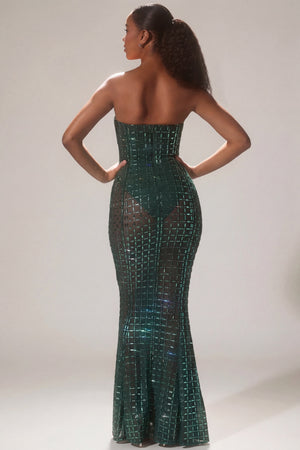 Oh Polly's Staci wearing the Marleni Gown Length Dress in Emerald Green Square Hotfix fabric perfect for formal evening events