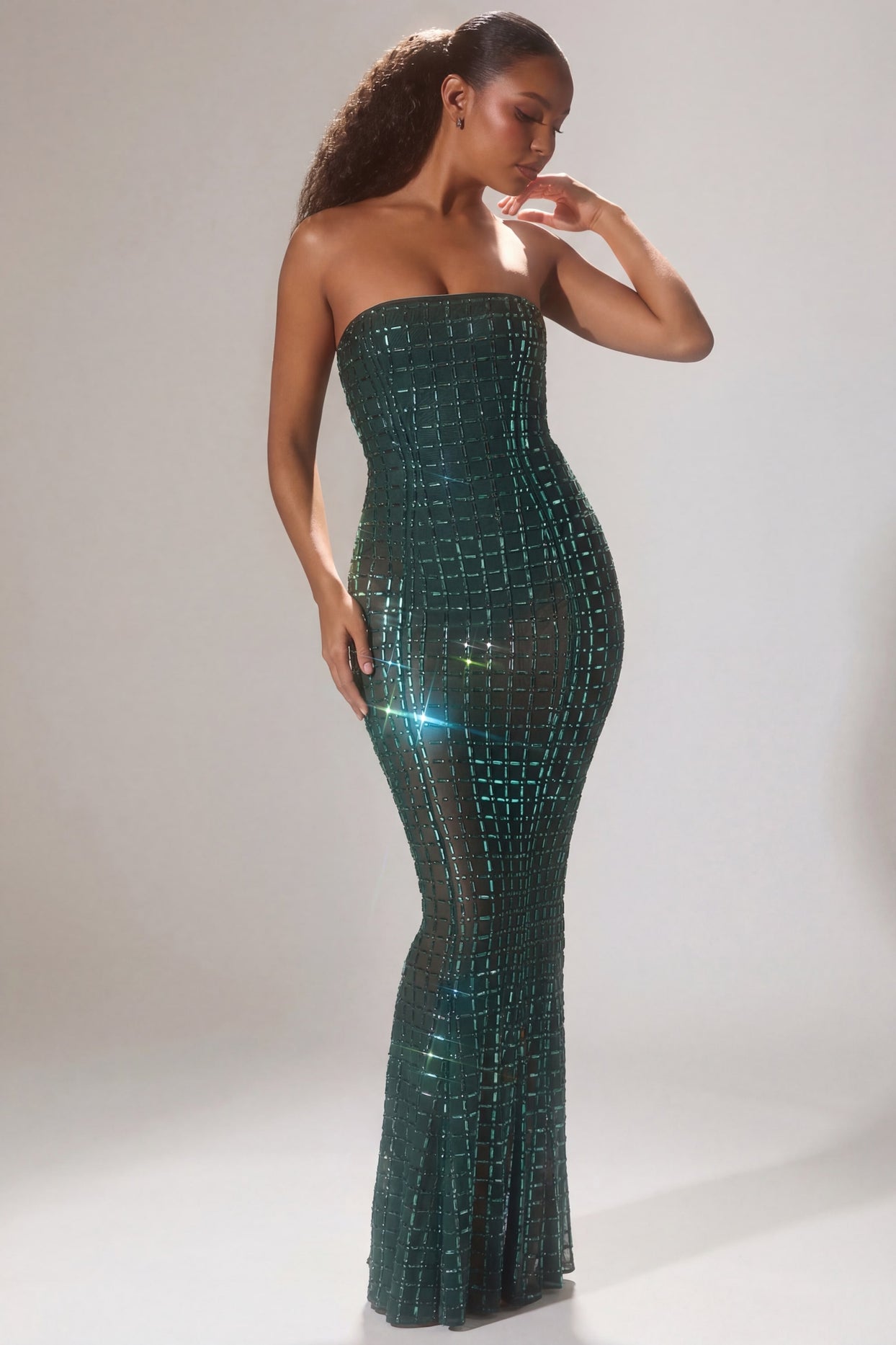 Embellished Strapless Gown in Emerald Green - 6