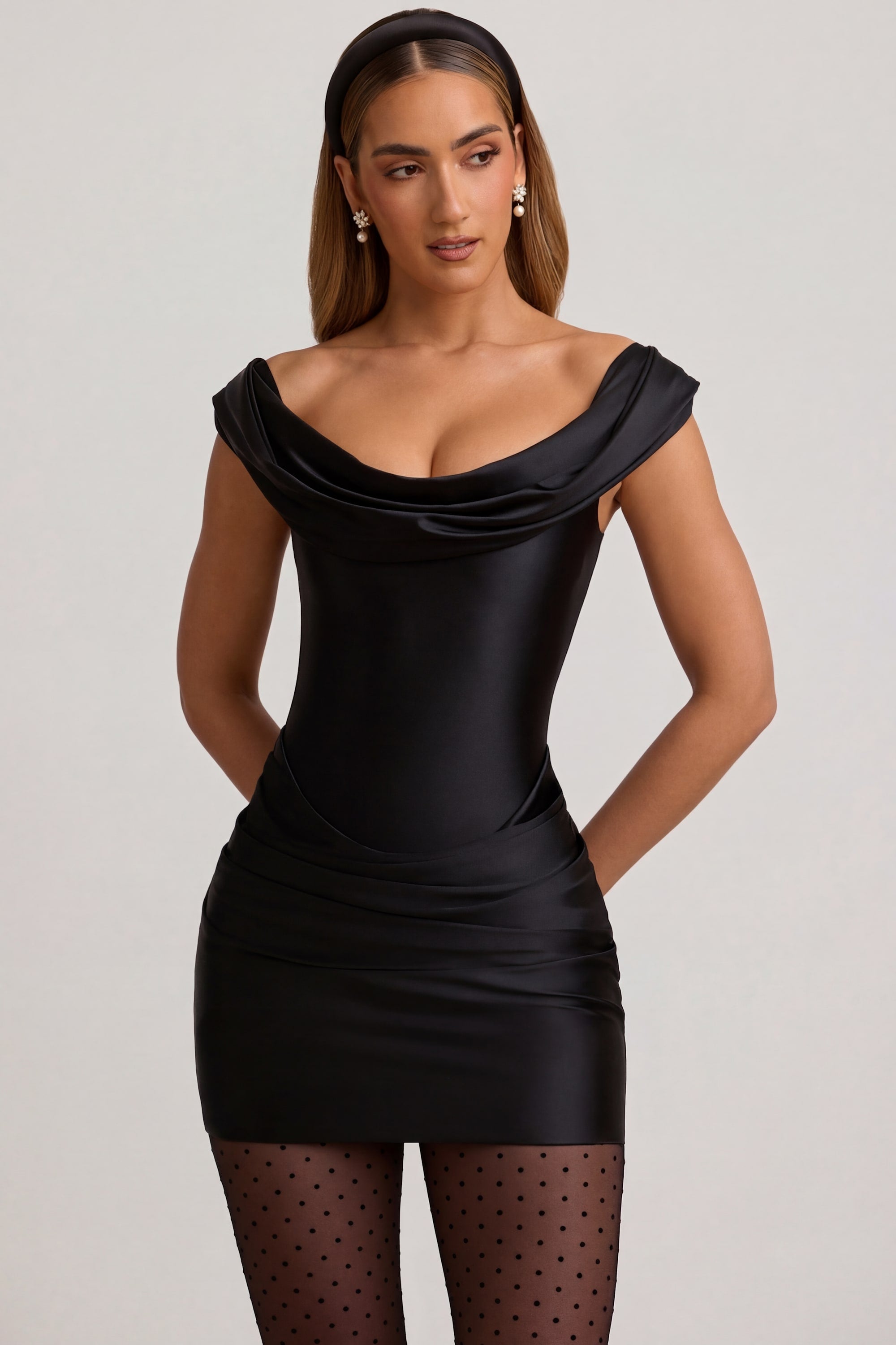 Satin Off-Shoulder Draped Mini Dress in Black - 6